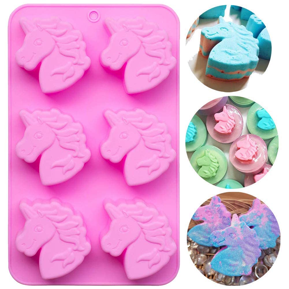 6-Cavity Unicorn Soap Molds & Bath Bomb Molds - Silicone Unicorn Head Cupcake Mold for Baking, Candy, Resin, Jelly, Chocolate - Perfect for DIY Crafts, Kids Baking Supplies & Party Treats