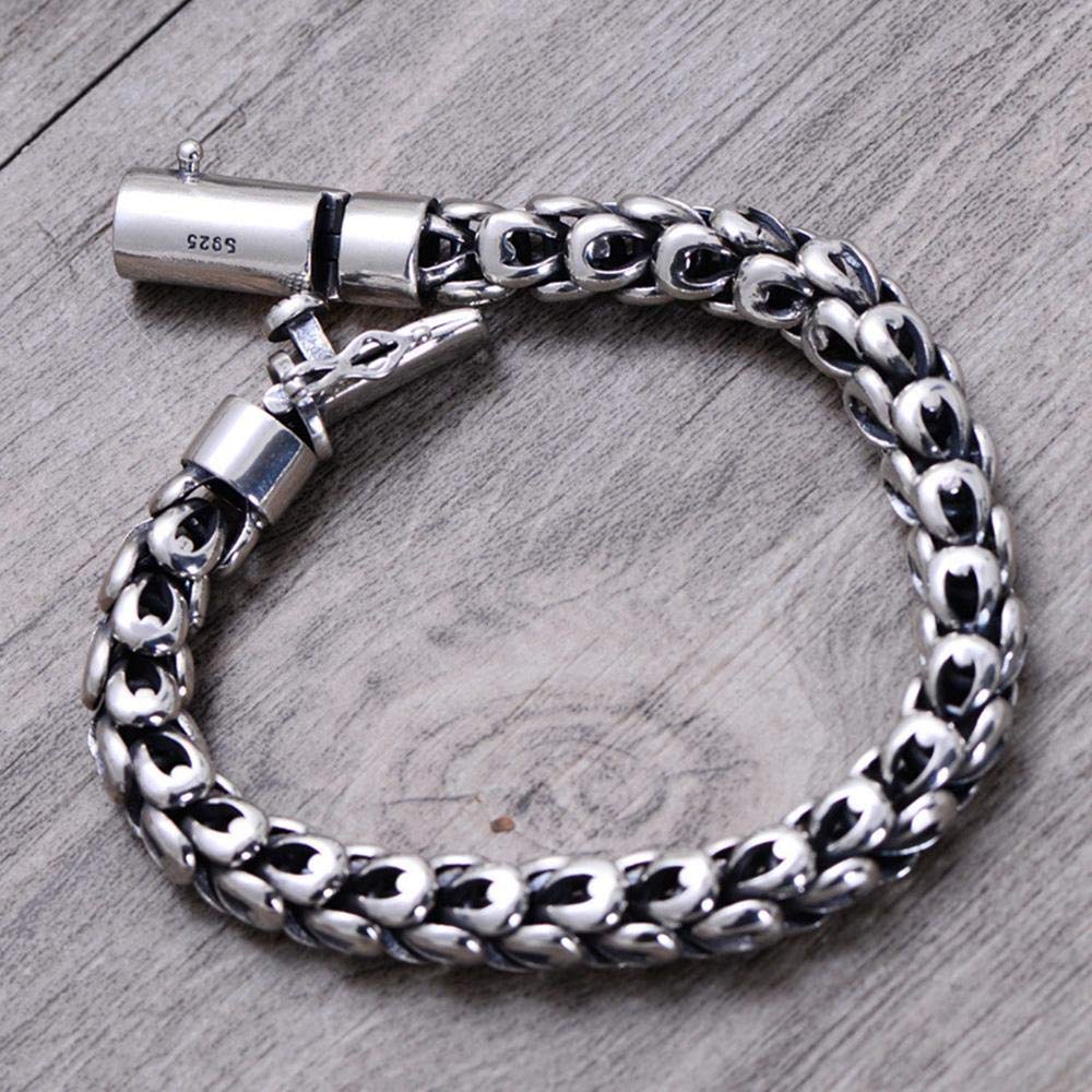 Genuine 925 Sterling Silver Men's Bracelet - Dragon Scale Link Chain, Adjustable 7.5