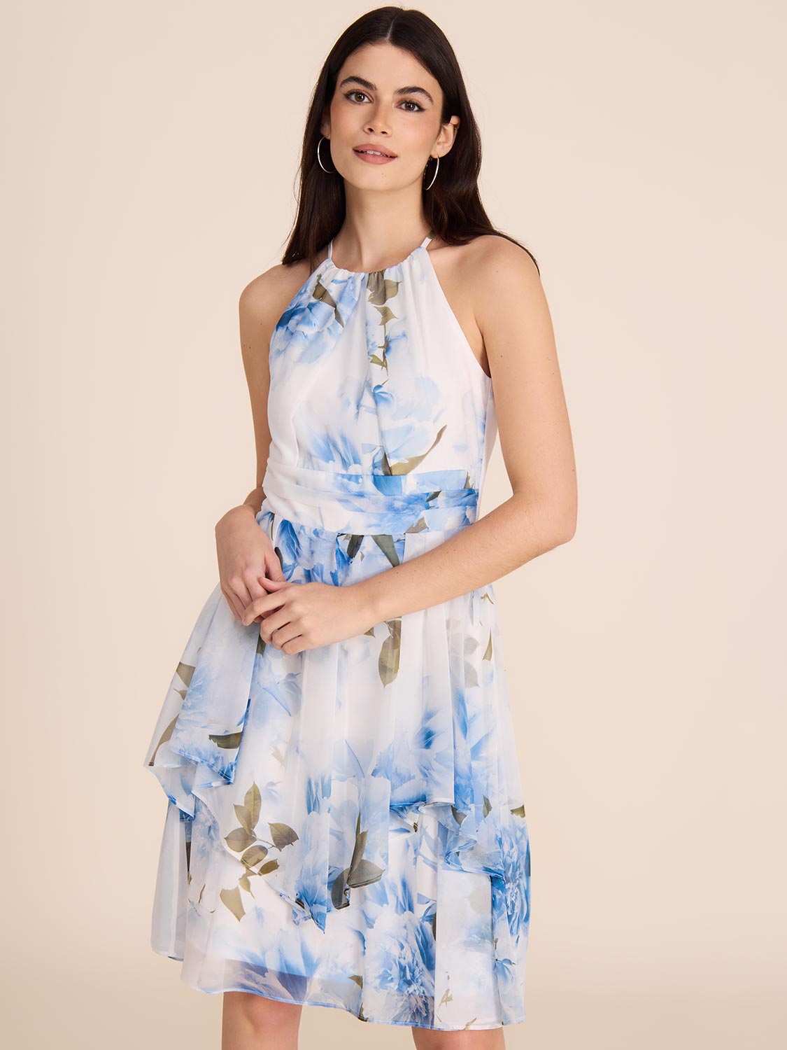 Floral Fit & Flare Dress with Halter Neck - Summer Wedding Guest Dress, Garden Party Outfit, Cocktail Attire for Women