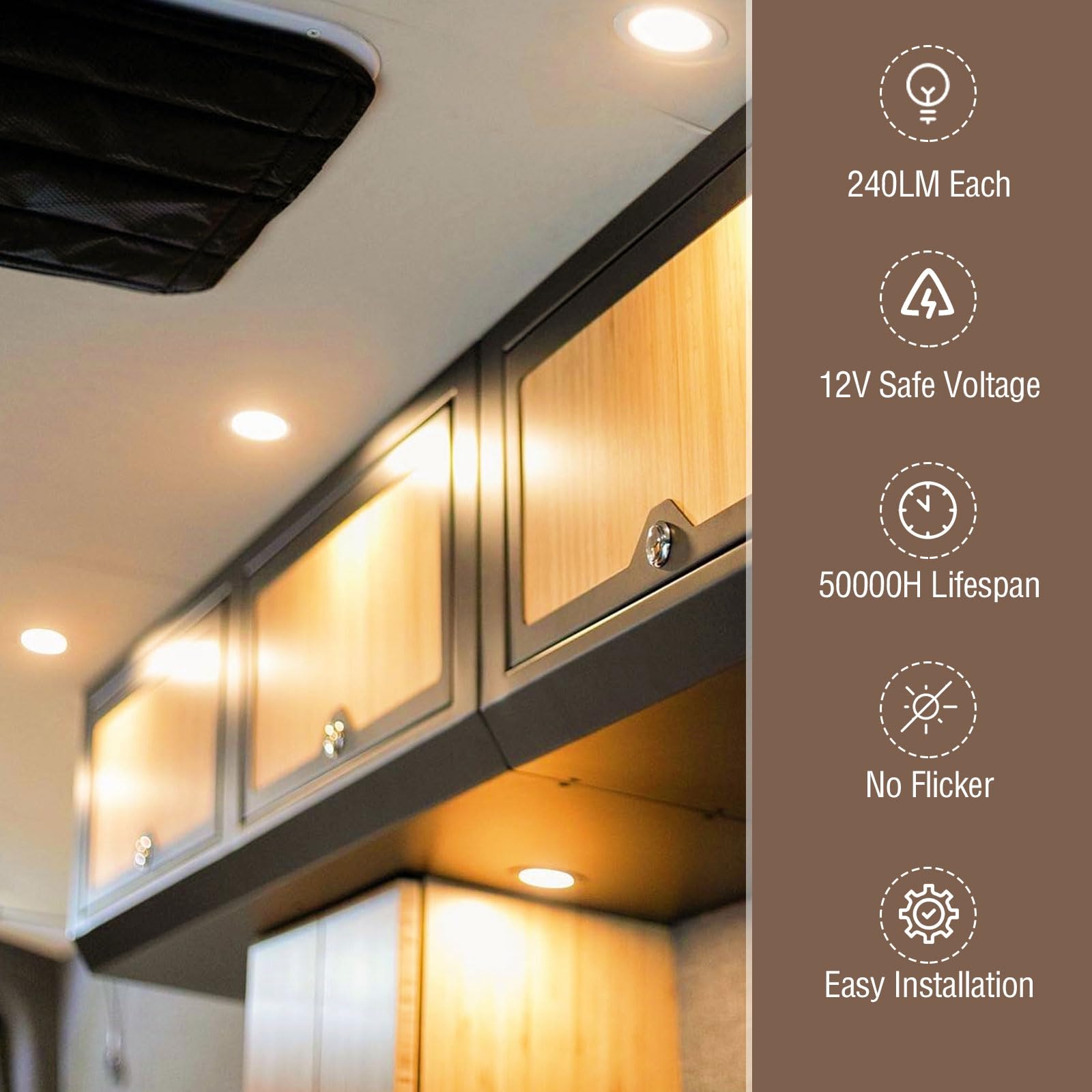 ALOVECO 12V Dimmable LED RV Interior Lights - 3000K Warm White, Ultra-Thin Waterproof Design for Campers, Motorhomes, Sailboats & Yachts (8-Pack) - Perfect for Cozy Lighting in Small Spaces & Nighttime Use
