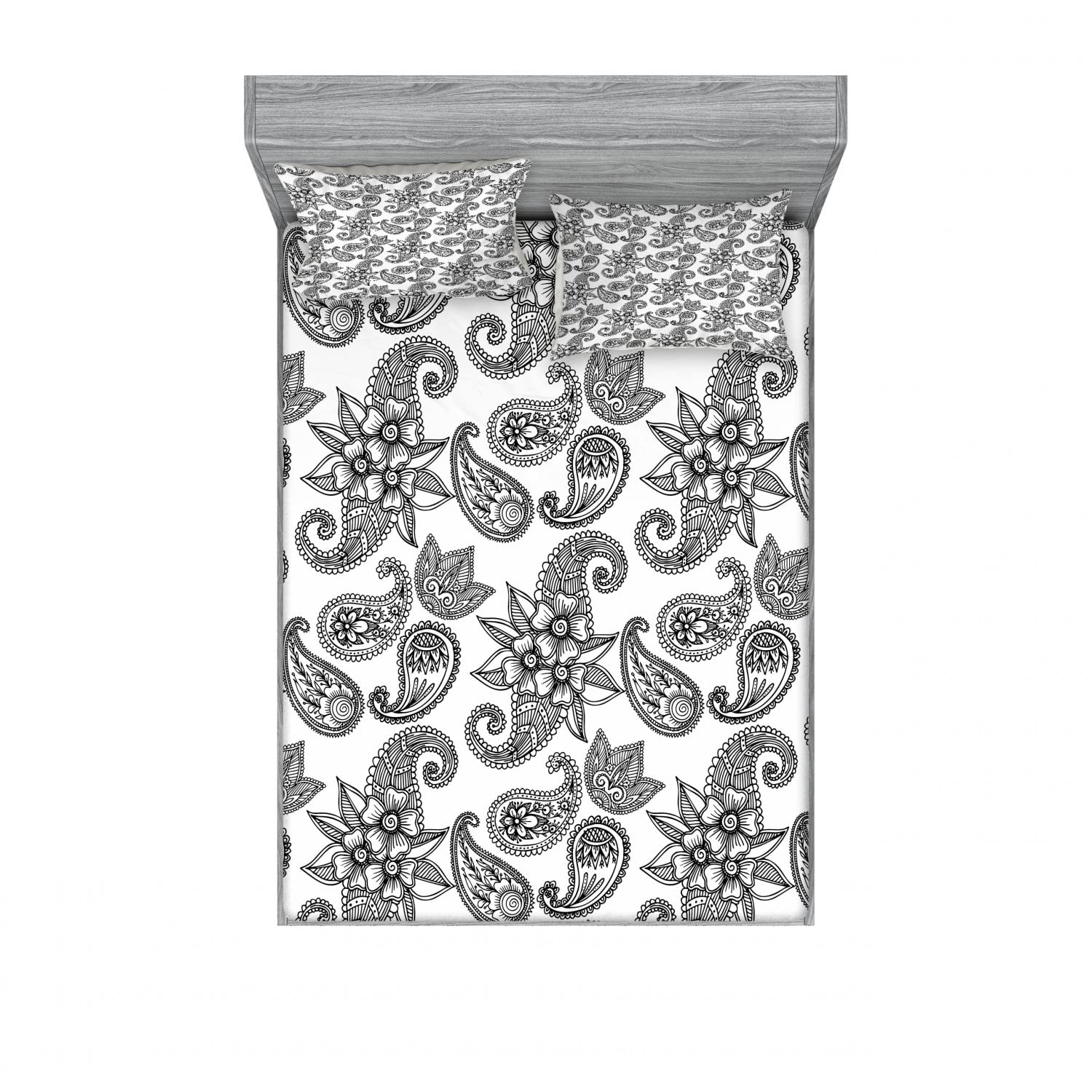 Ambesonne 2-Piece King Size Fitted Sheet Set with 4 Pillow Shams - Paisley Print Ethnic Bedding in Charcoal Grey & White - Perfect for Guest Rooms, Master Bedrooms & Bohemian Home Decor