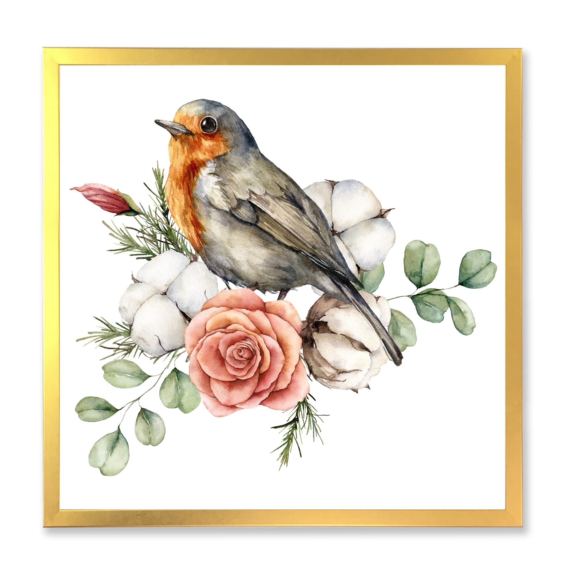 Robin Redbreast with Cotton Rose and Leaves - Traditional Framed Wall Art for Living Room, Bedroom & Office Decor