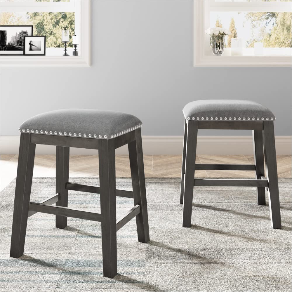 Rustic Farmhouse Dining Room Wooden Stools Set of 2 - Gray Distressed Wood Bar Stools for Kitchen Island, Breakfast Nook & Farmhouse Decor