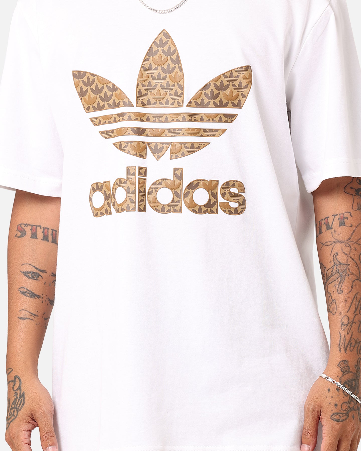 Adidas Classic Monogram T-Shirt for Men - White/Earth Strata - Comfortable Cotton Casual Tee for Streetwear, Gym & Everyday Wear