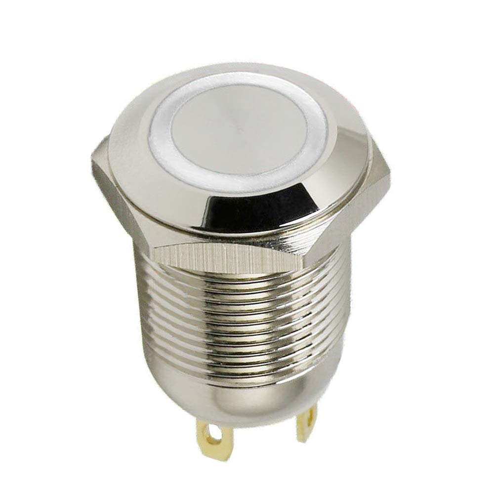 ESUPPORT 12mm White LED Momentary Push Button Switch - 2A 250V, Stainless Steel Waterproof, for Car, Boat, Marine, RV & Industrial Control Panels