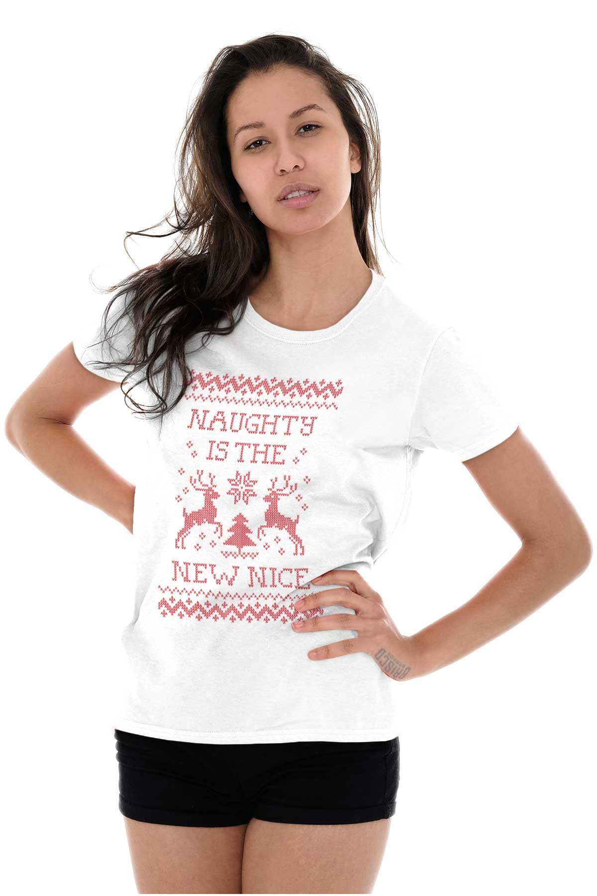 Brisco Brands Ugly Christmas Naughty is New Nice Women's Graphic T-Shirt | Festive Holiday Tee for Christmas Parties & Family Gatherings