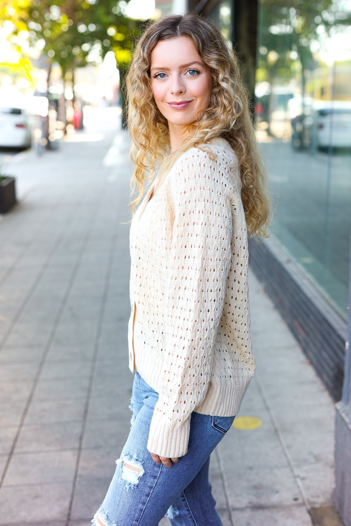 Follow Me Oatmeal Pointelle Knit Button Down Cardigan - Cozy Women's Sweater for Fall & Winter | Perfect for Office, Date Night & Casual Outfits