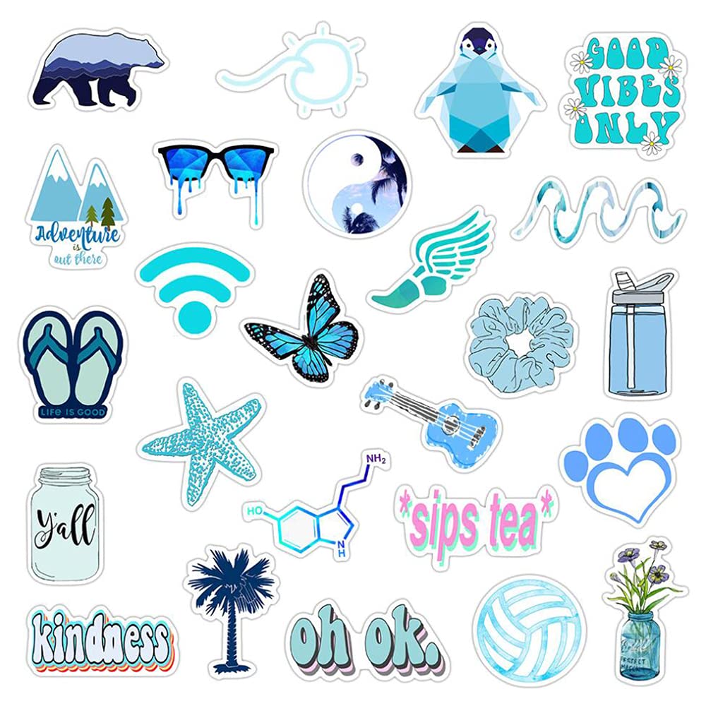 50 PCS Cute Blue Aesthetic Stickers for Girls - Waterproof Vinyl Decals for Water Bottles, Laptops, Phones - Perfect for Teens & Kids Room Decor, School Supplies, DIY Crafts & Gift Ideas