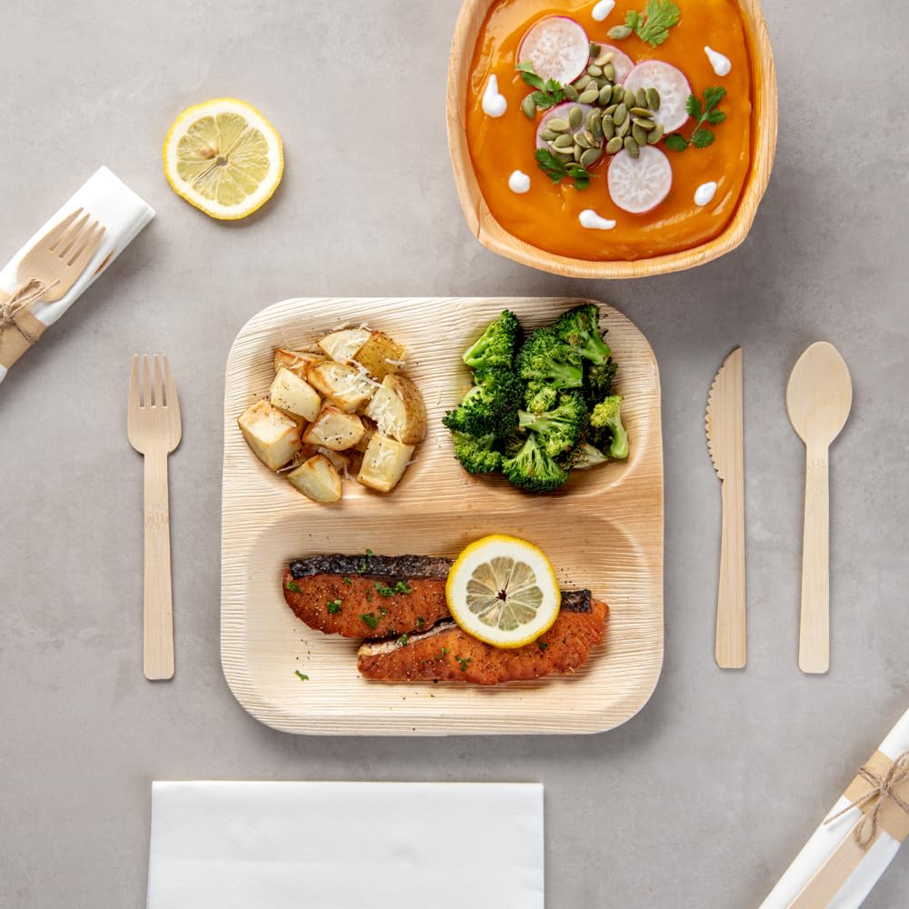 Eco-Friendly 6.75 Inch Disposable Bamboo Cutlery Set - 100 Pieces Wooden Forks, Spoons, Knives & Napkins for Parties, Weddings, Picnics & Catering Events | Sustainable Biodegradable Flatware for Restaurants & Takeout