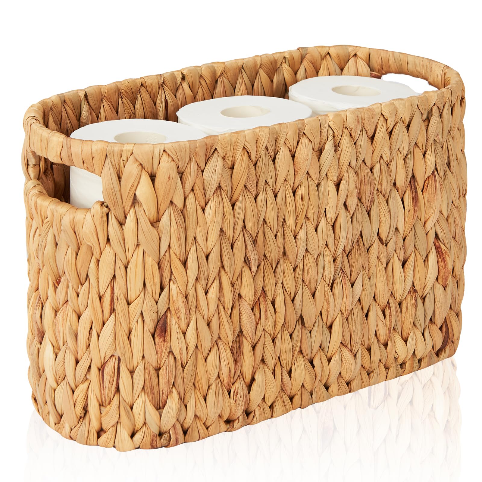 FairyHaus Natural Water Hyacinth Toilet Paper Holder Basket - Handwoven Freestanding Bathroom Storage with Built-in Handles (Holds 6 Rolls) - Perfect for Bathroom Organization & Farmhouse Decor