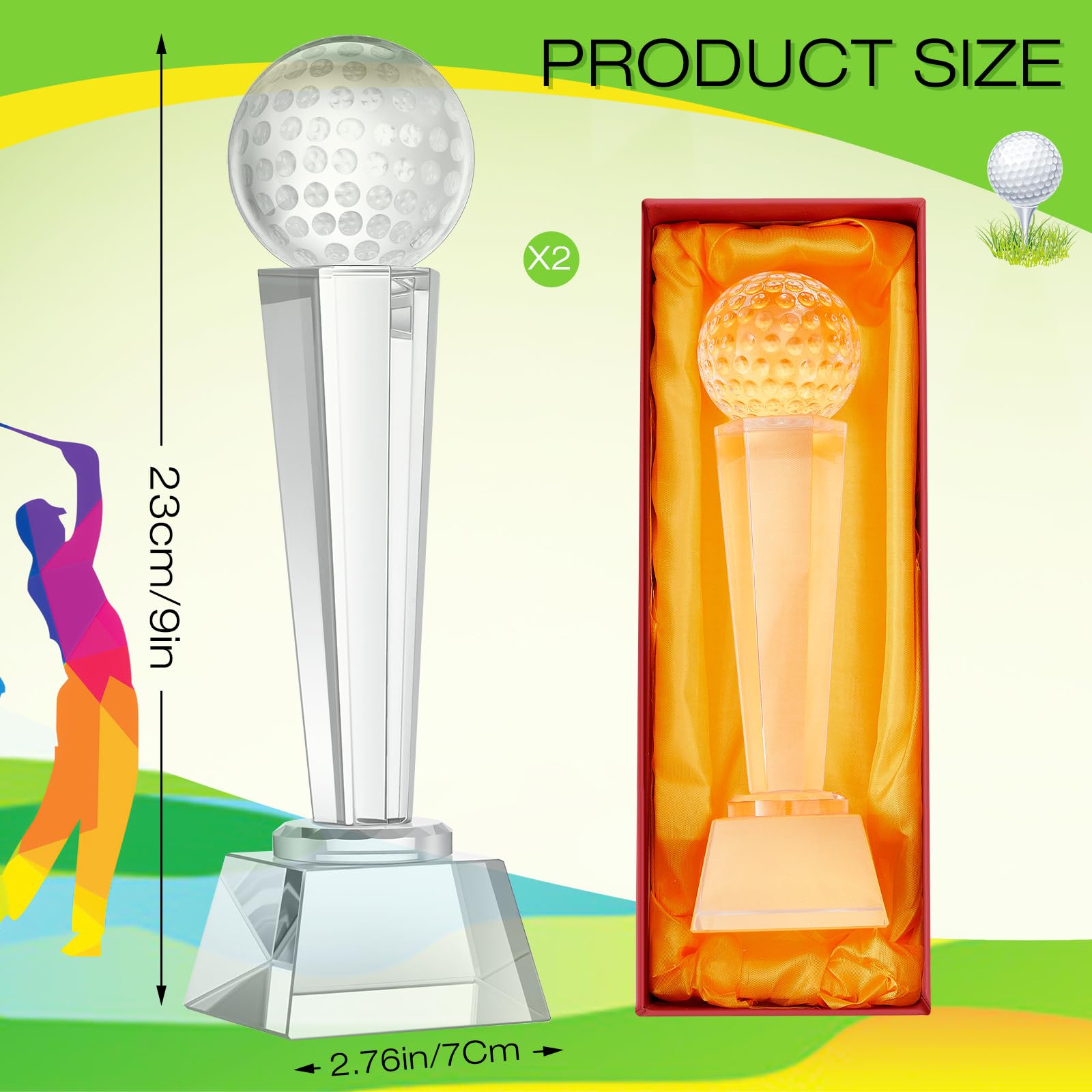 Meooeck 2 Pack 9x2.8 Inch Crystal Glass Trophy Award with Gift Box - Large Tournament Prize, Glass Paperweight, Desktop Decor for Golf, Office, Sports Events & Achievement Celebrations
