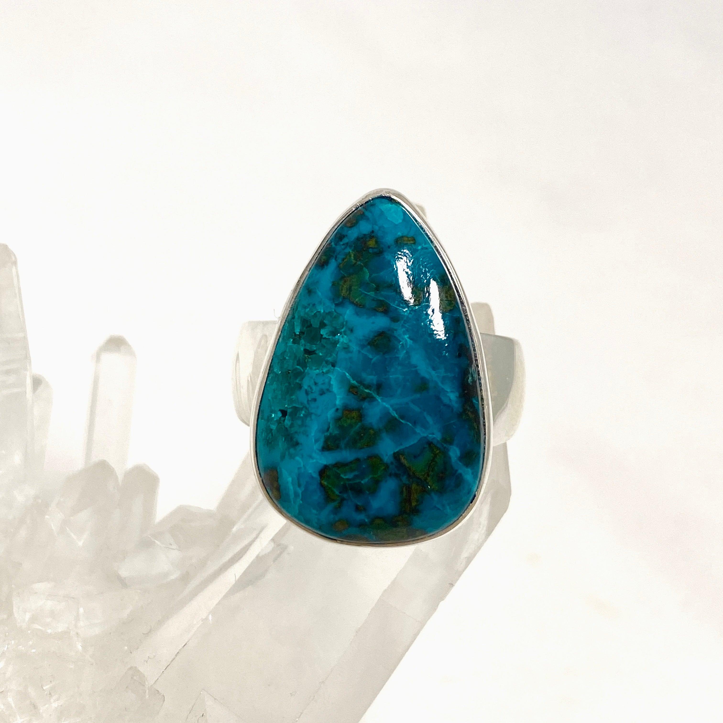 Shattuckite Dioptase Chrysocolla Teardrop Ring - Size 10 Natural Stone Jewelry KRGJ3224 | Healing Crystal Ring for Meditation & Spiritual Gifts