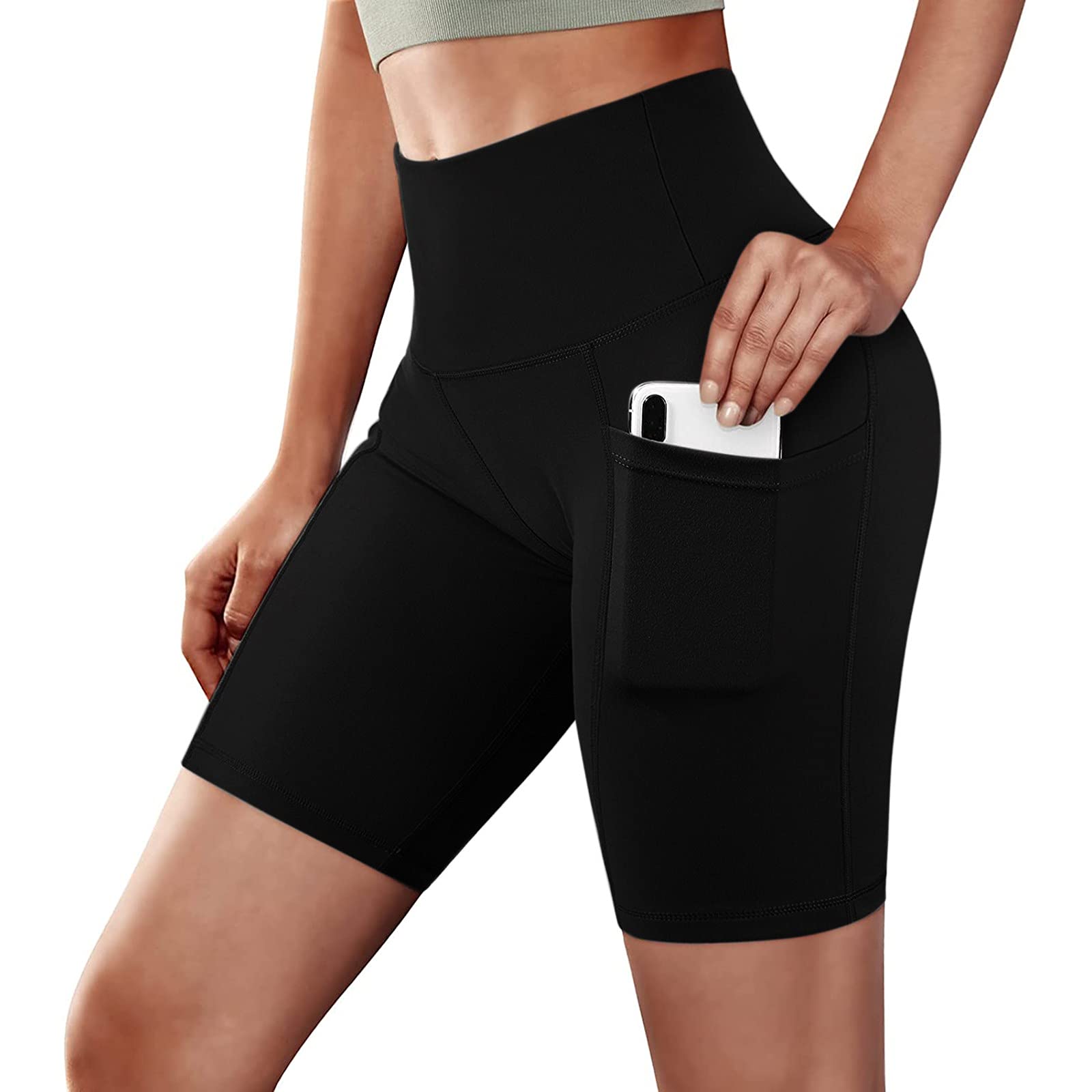 QIFEILA High Waist Workout Shorts for Women - Tummy Control Spandex Gym Compression Running Biker Shorts with Pockets (Black) - Perfect for Yoga, Running & Fitness Training