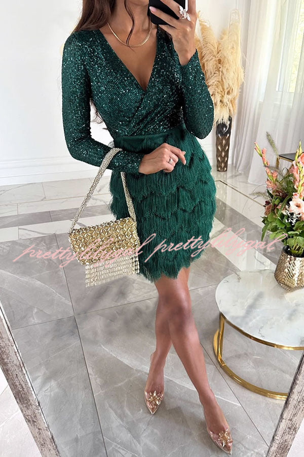 Sparkling Sequin Patchwork Tiered Fringe Mini Dress for Women | Sexy Club & Party Outfit | Perfect for Nightlife, Dancing, and Special Occasions