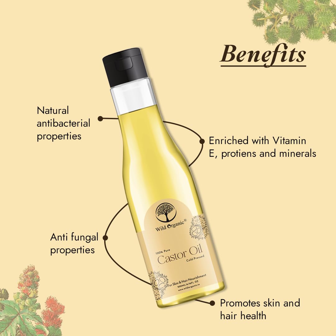 WILD ORGANIC 100% Pure Cold-Pressed Castor Oil for Skin & Hair Care - Moisturizing, Healing, Promotes Hair Growth - 100ml - Perfect for Daily Beauty Routine & Natural Remedies