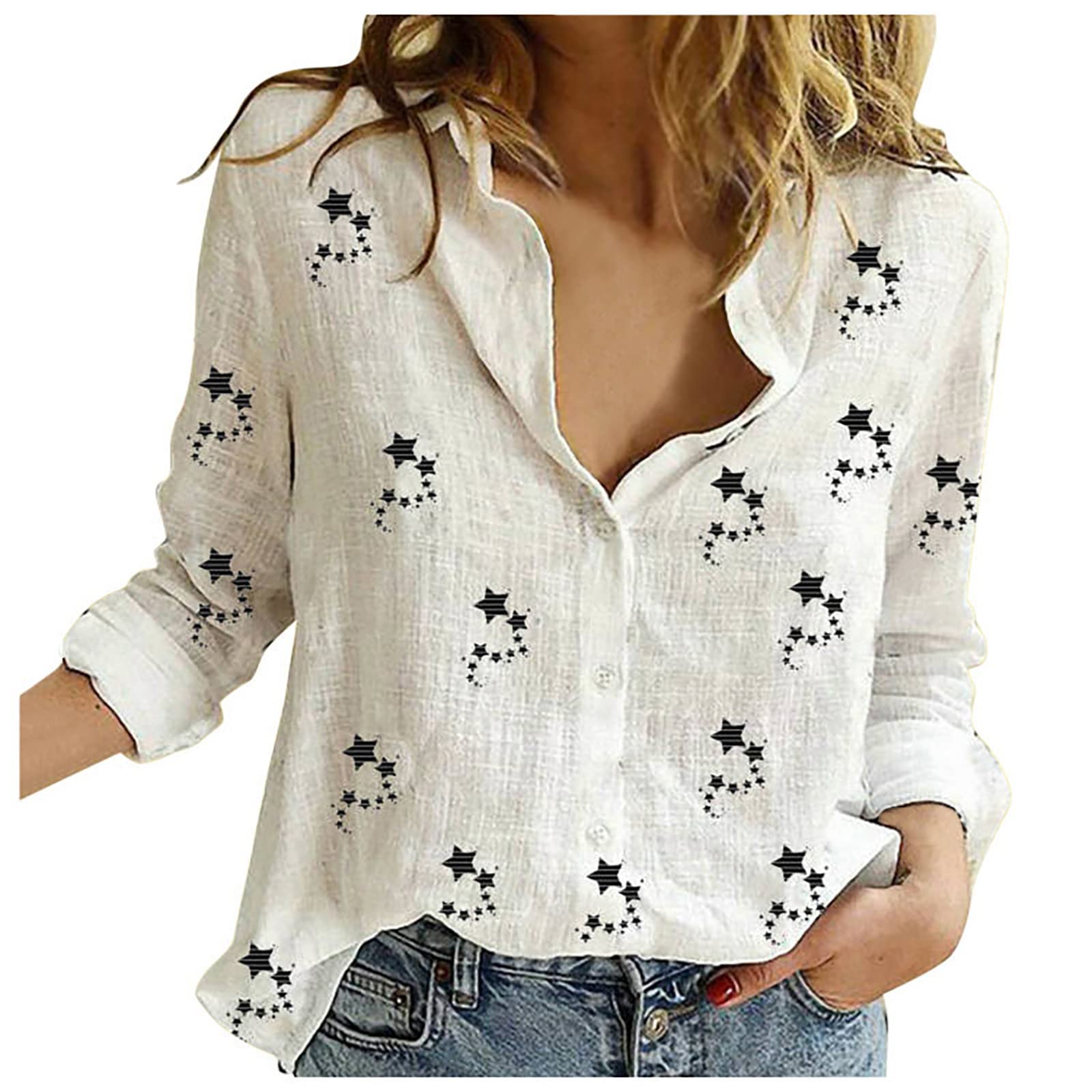 FIRERO Women's Linen Button Down Shirt - Long Sleeve Casual & Work Blouse with Roll-Up Sleeves, Single-Breasted Printed Top for Office, Date Night & Spring Outfits