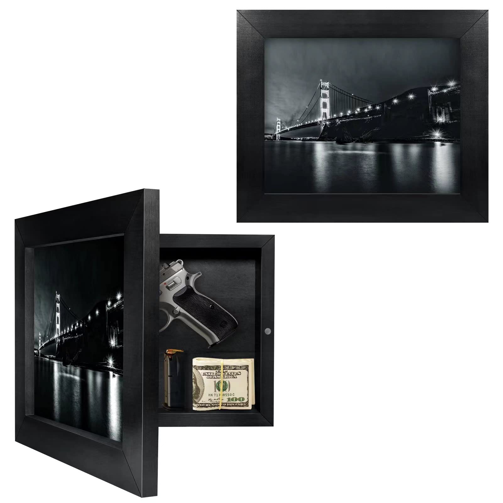 Hidden Gun Storage Safe - Concealed Pistol Safe with Secret Decor Solid Wood Picture Frame Box (Black) - Perfect for Home, Office & Vehicle Security