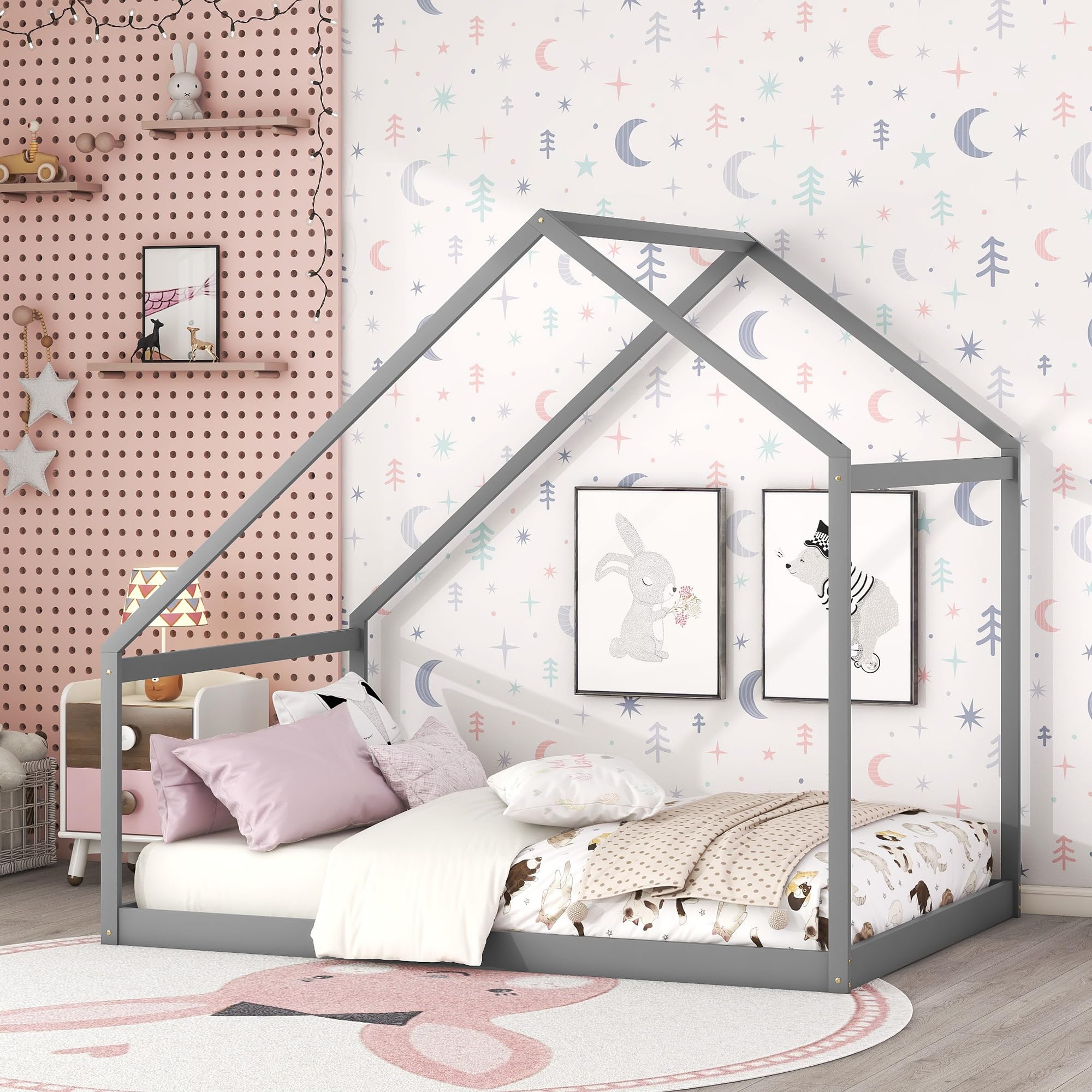 Merax Full Size Wooden House Bed Frame for Kids - Sturdy Montessori Design, Quiet & Easy Assembly - Perfect for Bedrooms, Playrooms & Montessori Learning Spaces
