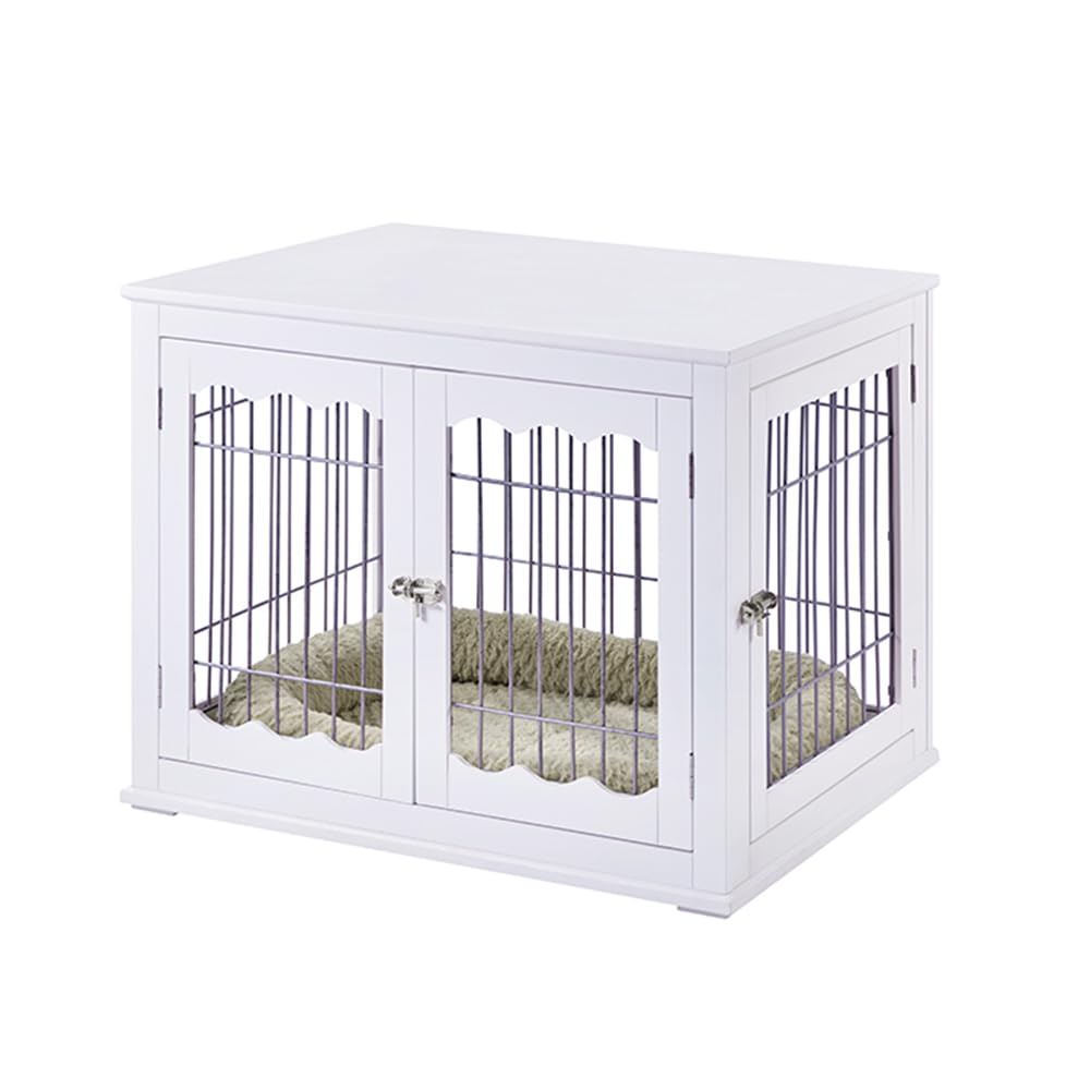 Unipaws White Wooden Dog Crate for Medium Dogs - Modern Furniture Style Indoor Pet Kennel with Wire Design, Decorative Puppy House & Multi-Functional End Table/Nightstand - Perfect for Living Room, Bedroom or Office Spaces
