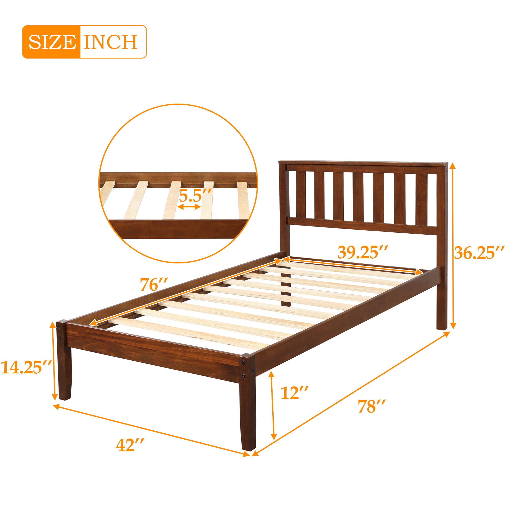 MERITLINE Solid Wood Twin Bed Frame with Headboard & Footboard - No Box Spring Needed, Walnut Finish - Perfect for Kids Rooms, Guest Bedrooms & Small Spaces