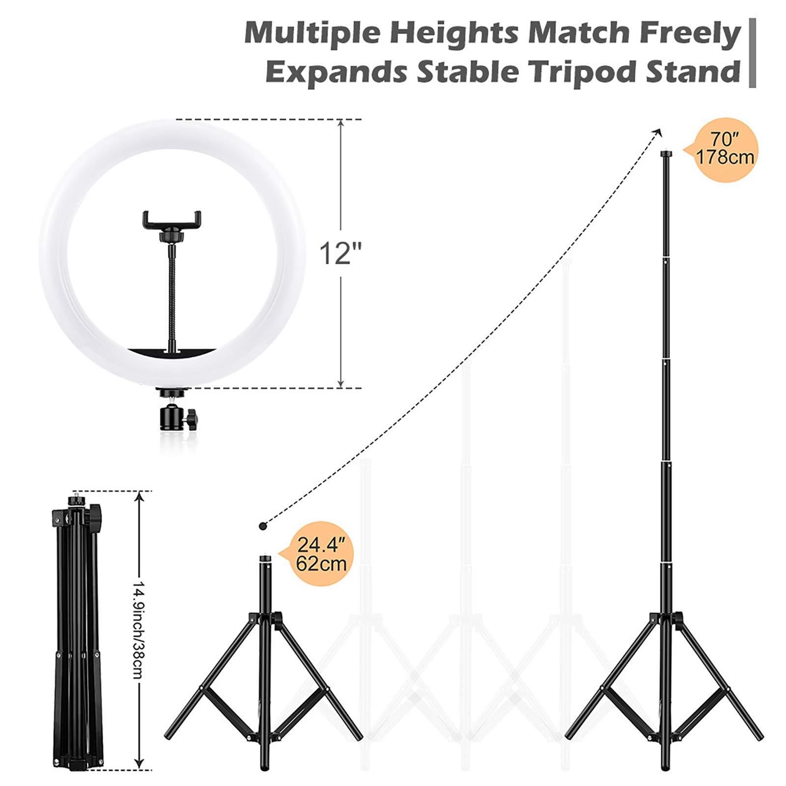 12-inch Ring Light with Extendable Tripod Stand & Phone Holder - Professional Lighting for Video Photography, Live Streaming, Makeup | Bluetooth Remote Compatible with iOS/Android - Perfect for YouTube, TikTok, Instagram & Home Studio Setup