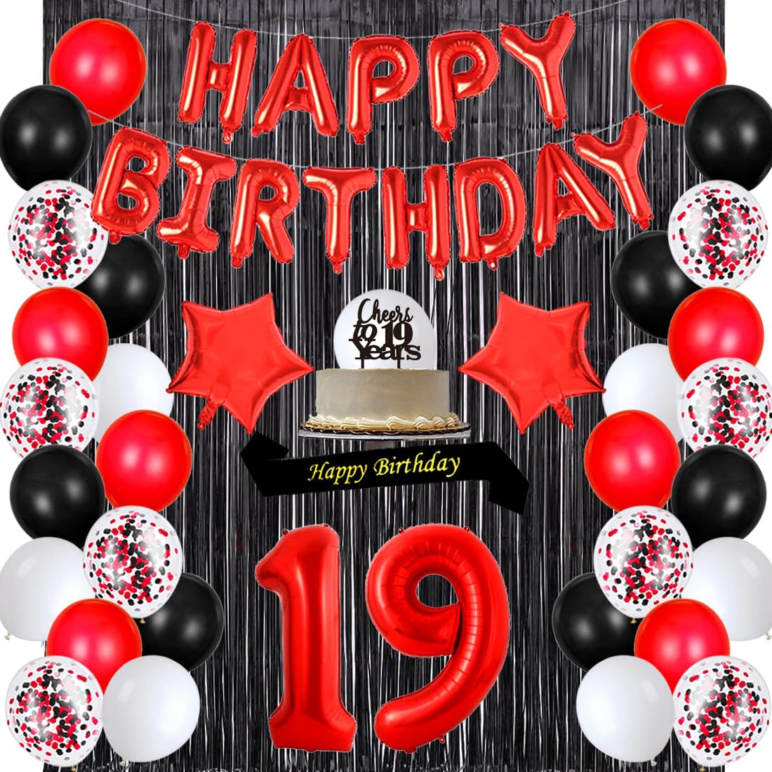 19th Birthday Party Decorations Set - Red Happy Birthday Banner, Sash, Cake Topper, Number 19, Confetti & Latex Balloons for Girls & Women | Perfect for 19 Years Old Celebration, Photo Backdrops & Milestone Parties