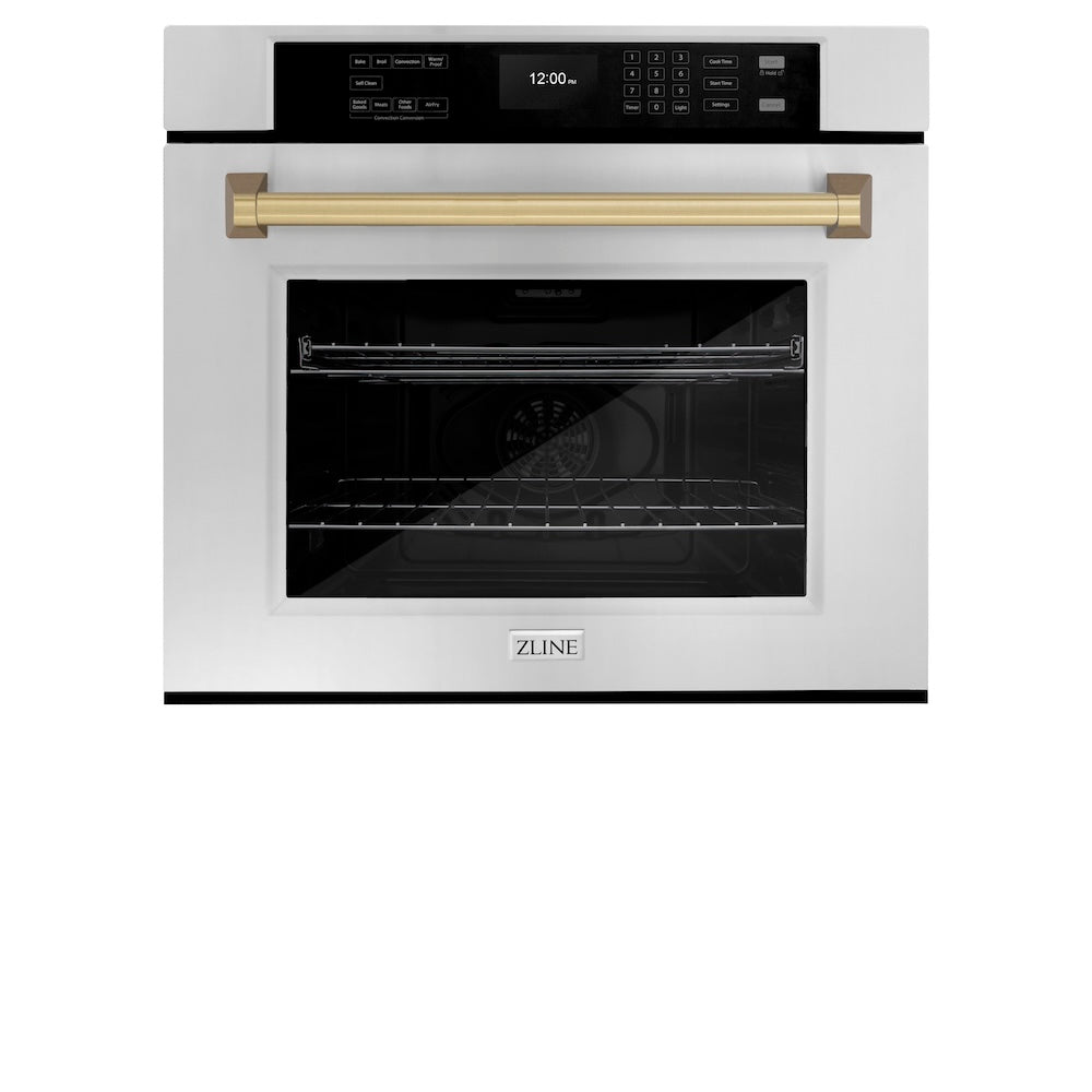 ZLINE Autograph Edition 30 Inch Stainless Steel Professional True Convection Wall Oven with Air Fry & Self-Clean - Champagne Bronze Handle (WASZ 30 CB) | Perfect for Home Chefs & Modern Kitchens