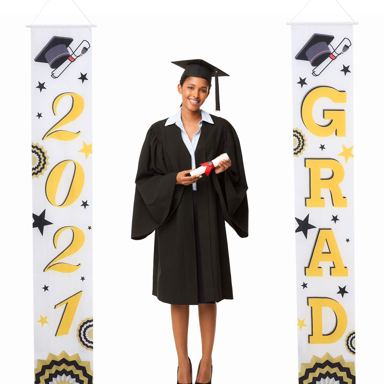 2021 Graduation Door Banner & Flag - 1 Pair Polyester Hanging Decorations for Graduation Party, Front Door Sign, Congrats League Celebration - Perfect for School, College, University Graduation Ceremonies & Home Decor