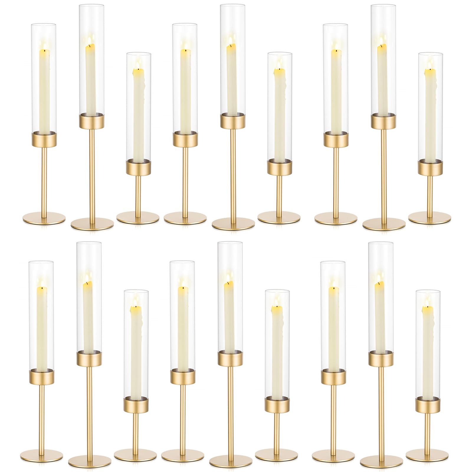 18-Piece Gold Glass Hurricane Candle Holders - Tall Clear Cylinder Taper Candle Holders Bulk Set for Wedding Centerpiece, Party Decor, Christmas & Home Decoration - Perfect for Dining Table, Fireplace Mantel, and Holiday Displays