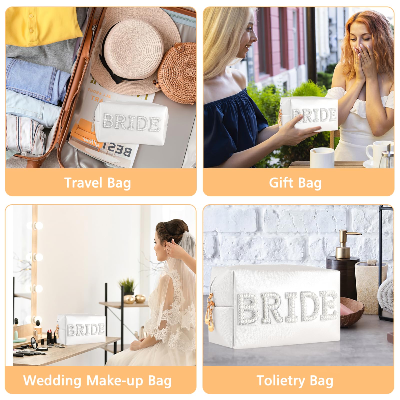 Elegant Pearl & Rhinestone Makeup Bag - Waterproof Travel Toiletry Pouch with Zipper Closure | Perfect Bridal Shower Gift for Bride, Bridesmaids & Bachelorette Parties | Wedding, Engagement & Special Occasion Cosmetic Organizer