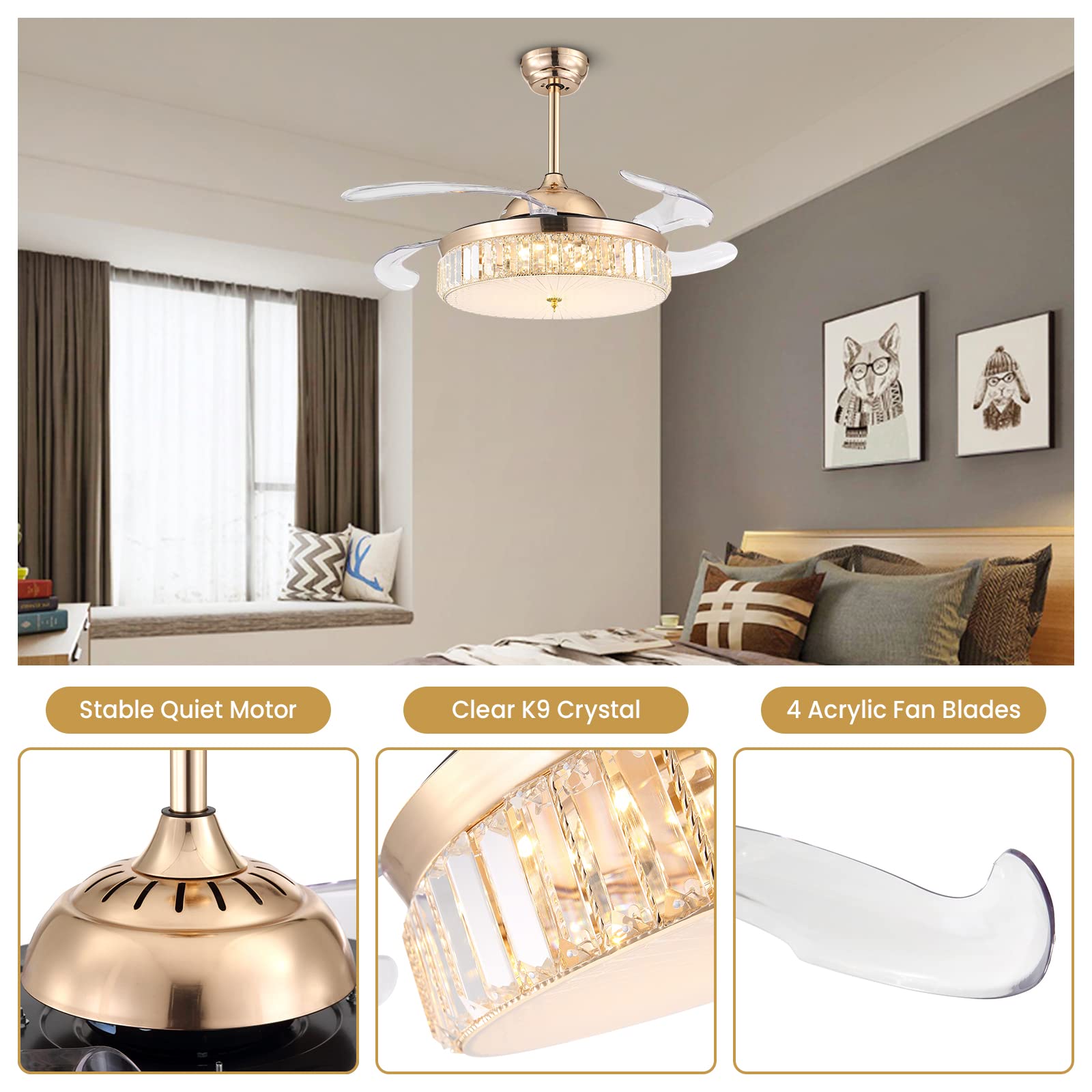 CROSSIO 42 Inch Crystal Ceiling Fan with Dimmable LED Lights - Remote Control Retractable Gold Chandelier Fan for Bedroom, Living Room & Dining Room | Modern Home Decor, Energy Efficient Cooling & Ambient Lighting Solution