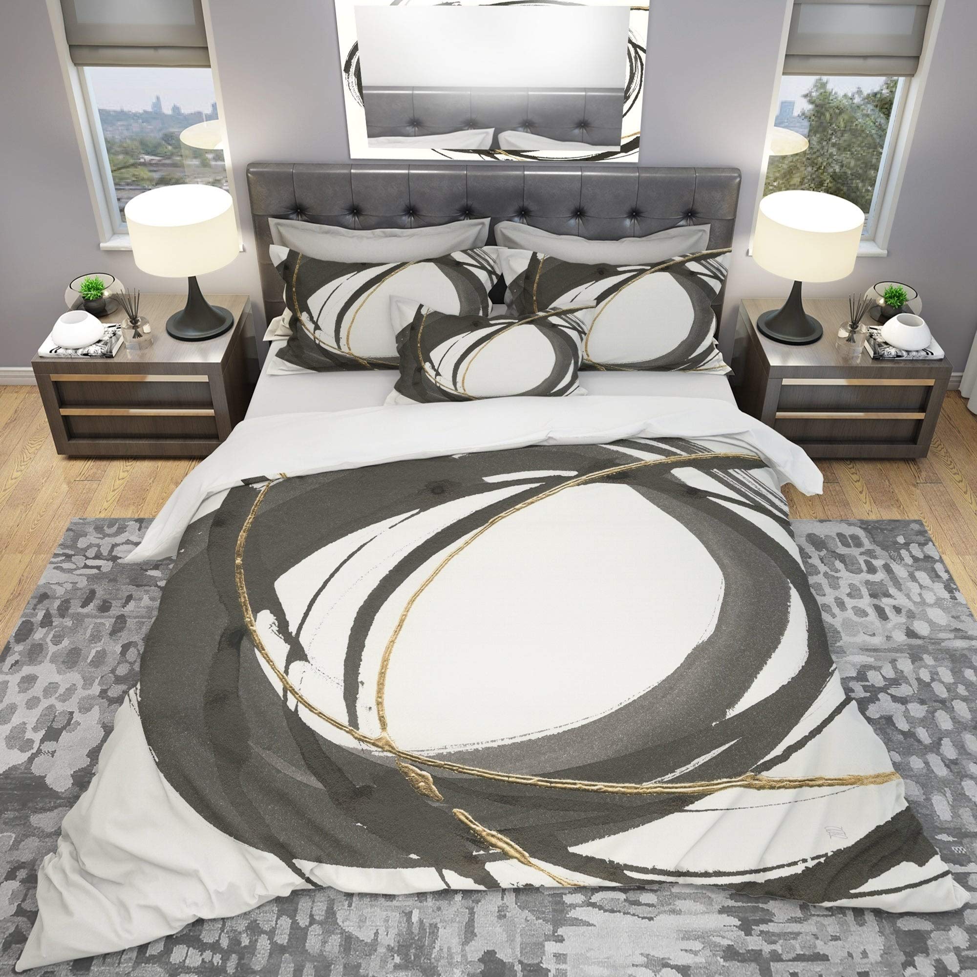 DESIGN ART 'Gold Glamour Circle IV' Geometric King Bedding Set - 3 Piece Duvet Cover & 2 Shams (Comforter Not Included) | Modern Luxury Bedroom Decor for Master Suite