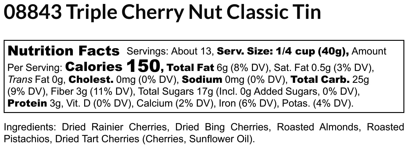 Chukar Cherries Triple Cherry Nut Classic Tin - No Sugar Added, All Natural Dried Fruit Snack for Hiking, Gifts & Healthy Desserts