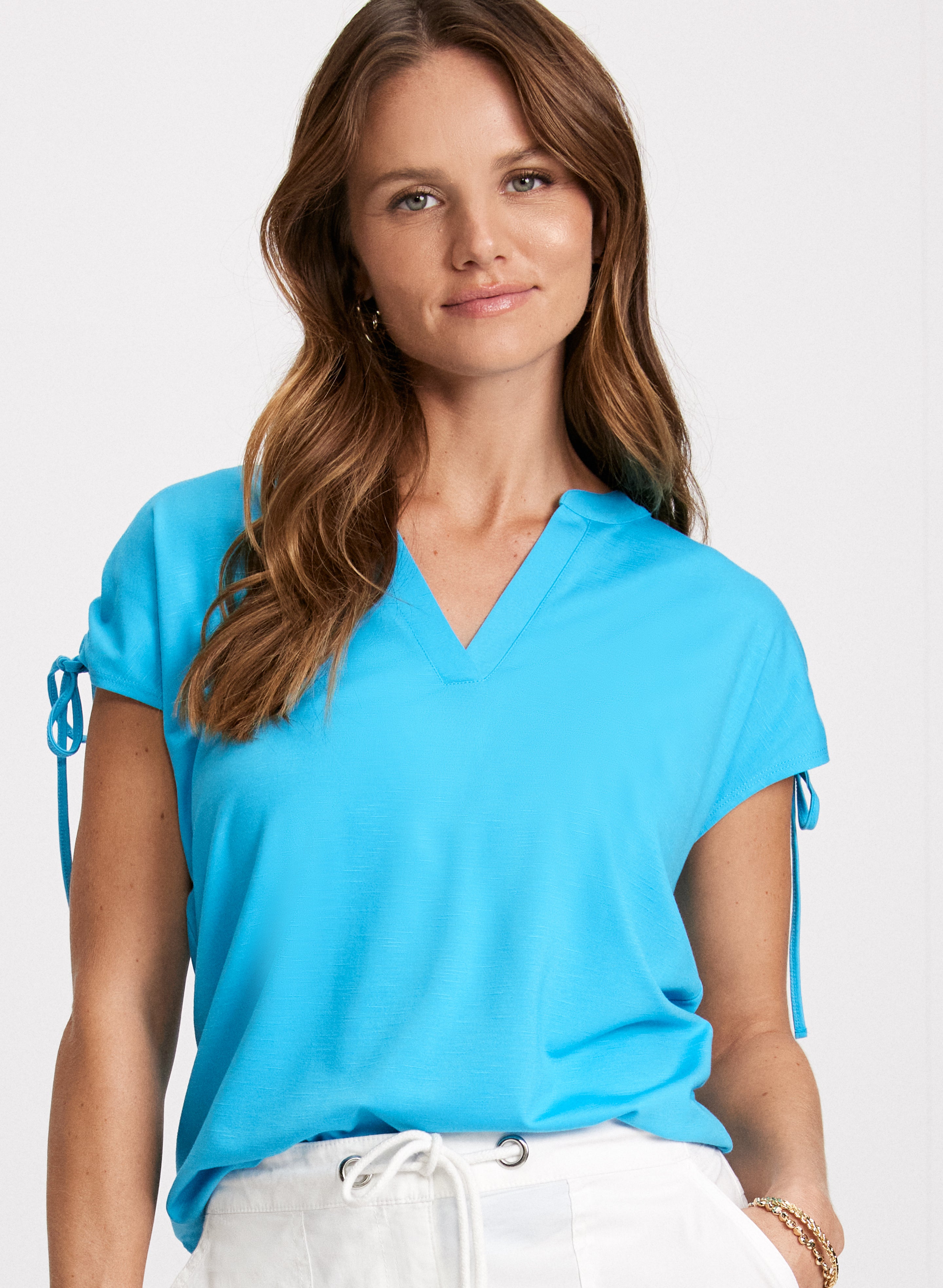 Drawstring V Neck Tee for Women - Soft Casual T-Shirt with Adjustable Drawstring | Perfect for Yoga, Workout, and Everyday Wear