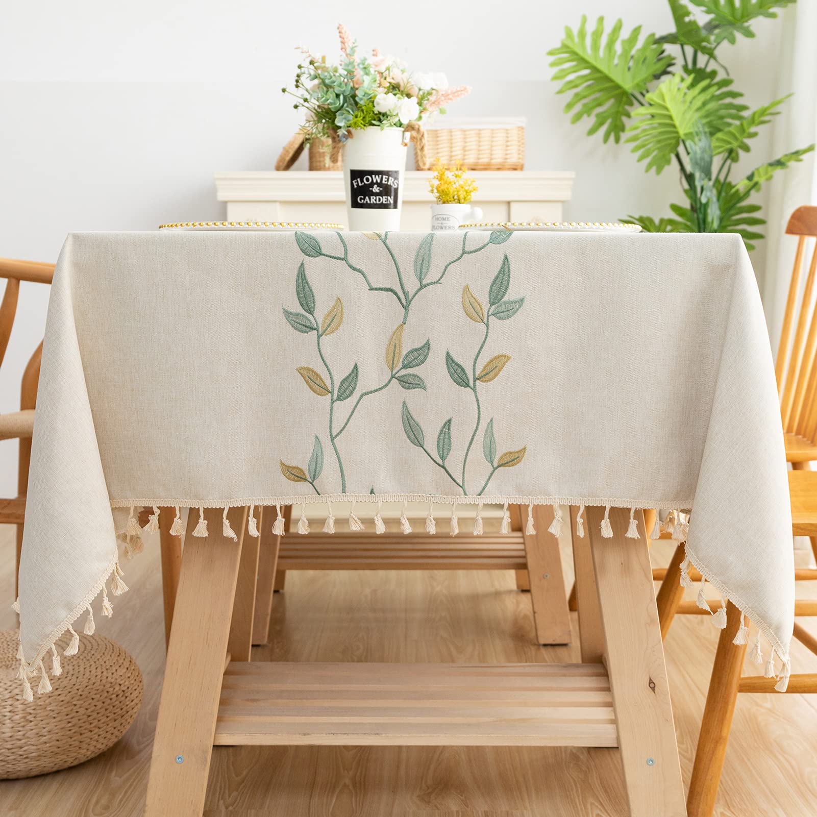 Christmas Tablecloth 55x55 Inch Square - Washable Linen Fabric with Embroidery, Wrinkle Free & Rustic Farmhouse Design - Perfect for Holiday Dining, Fall Decor, Boho Parties and Farmhouse Style Gatherings