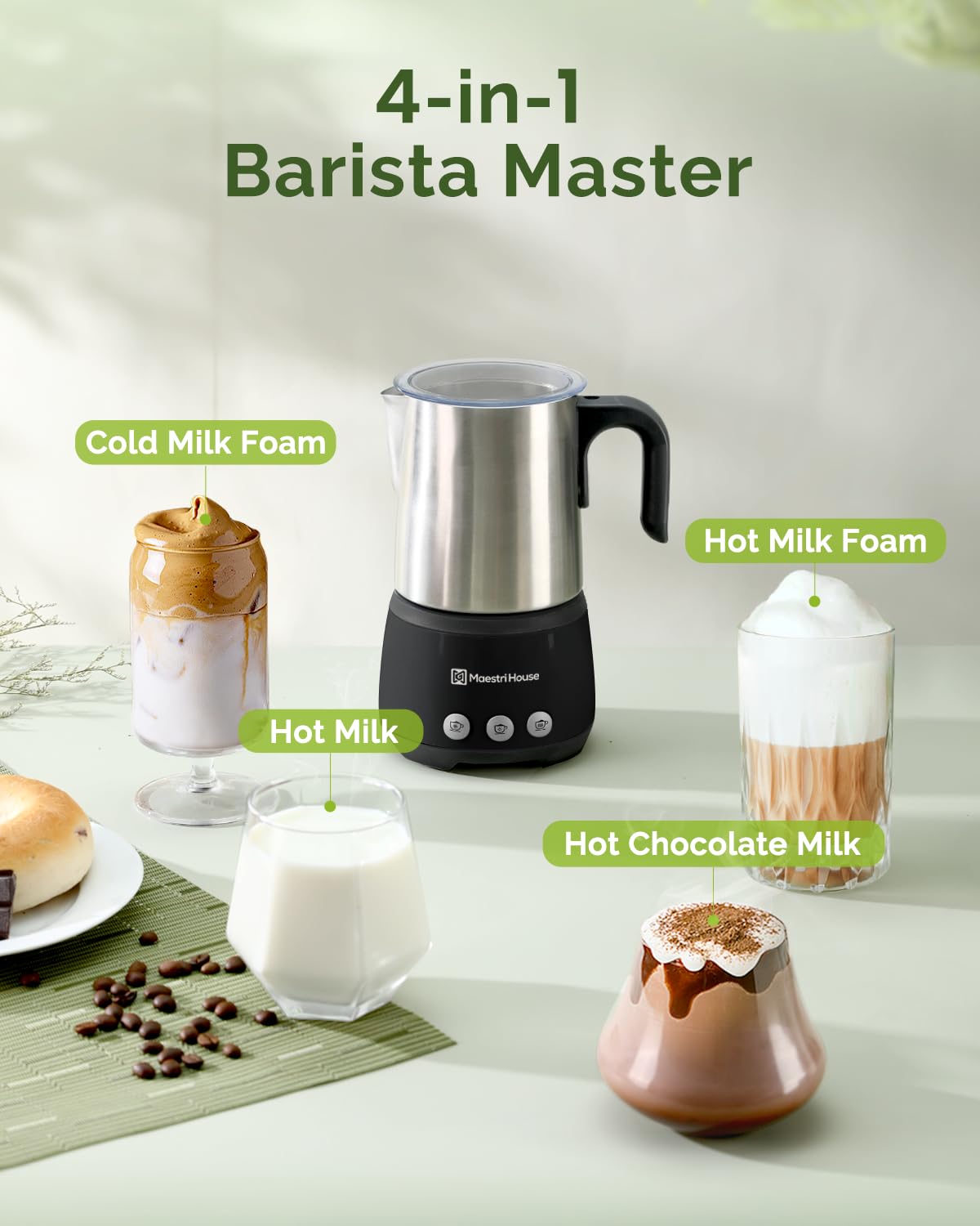 Maestri House 4-in-1 Electric Milk Frother and Steamer - 600W Smart Touch Control with Memory Function - 16.9OZ Hot & Cold Foam Maker for Latte, Cappuccino, Hot Chocolate - Perfect for Coffee Shops, Home Kitchen, and Office Use