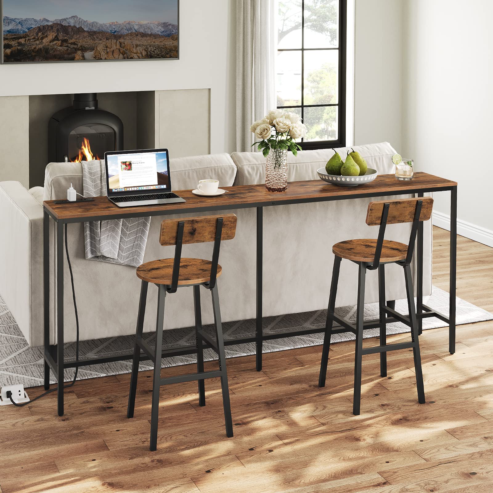 Set of 2 Rustic Brown Bar Stools with Back & Footrest - 24.4 Inch Round Counter Height Stools for Kitchen, Dining Room, Bar - Perfect for Breakfast Nooks, Home Bars & Kitchen Islands