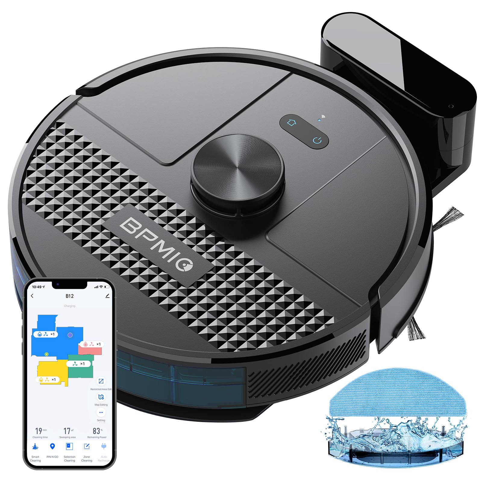 BPMIO Robot Vacuum and Mop Combo with 4500Pa Suction & LiDAR Navigation - Smart Mapping, 145 Min Runtime, App & Alexa Control - Ideal for Pet Hair, Dust, Hard Floors & Carpets - Perfect for Home Cleaning, Office Spaces & Large Areas