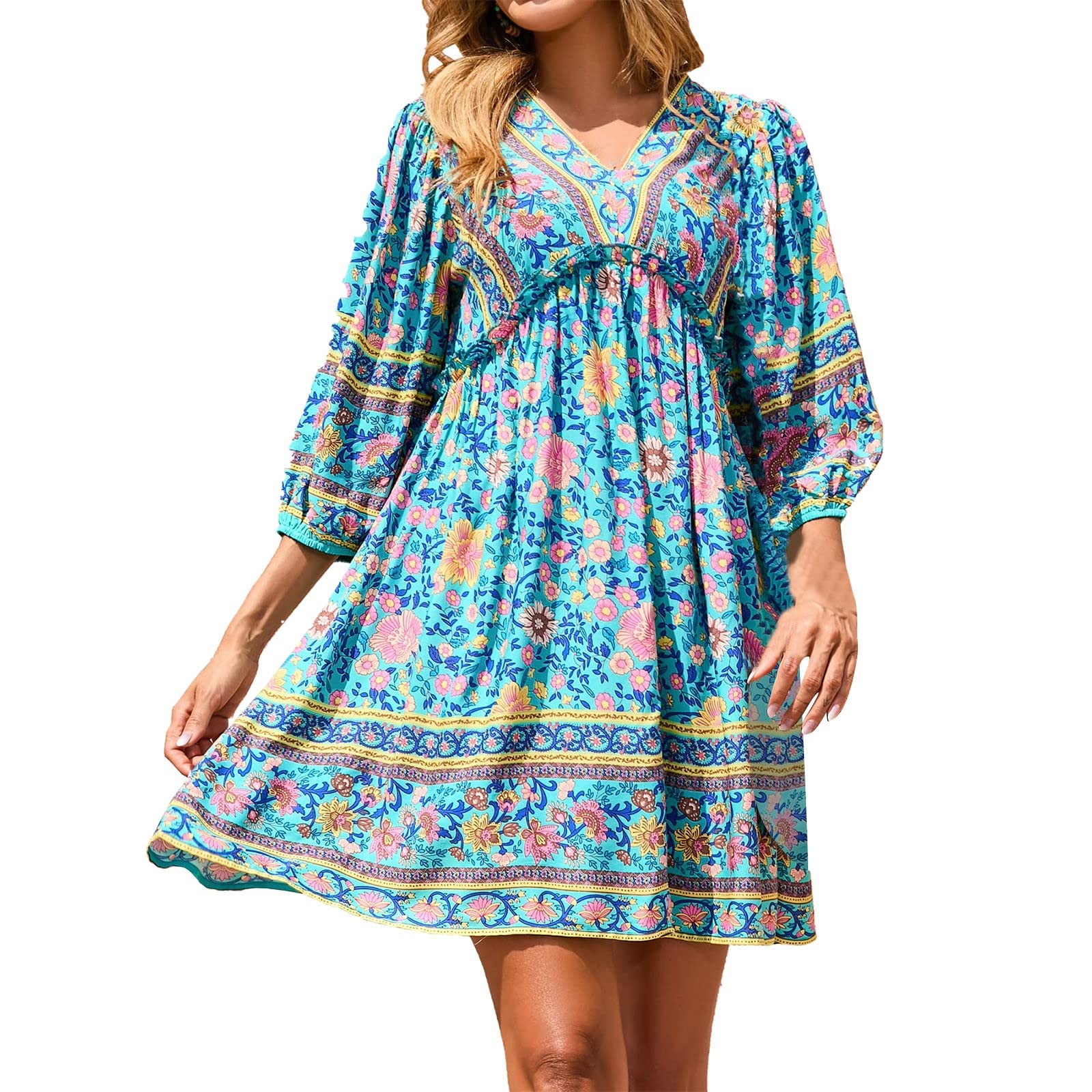 Women's Summer Dresses - Casual Breathable Party Pleated Half Sleeve Floral V-Neck Loose Fit Crop Top | Perfect for Beach Vacations, Garden Parties & Date Nights