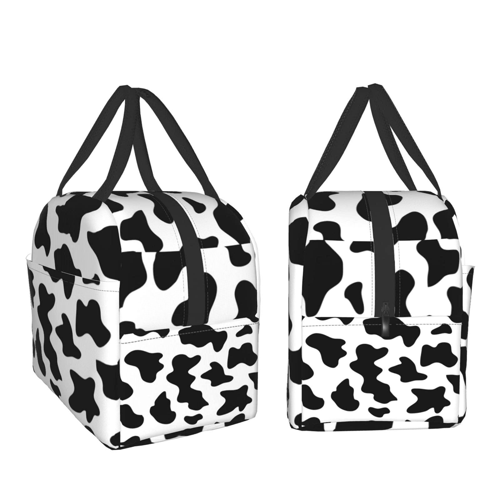 Insulated Reusable Lunch Bag for Women & Men - Cooler Lunch Tote with Front Pocket for Office, Work, Picnic & Travel - Stylish Black Cow Print Design