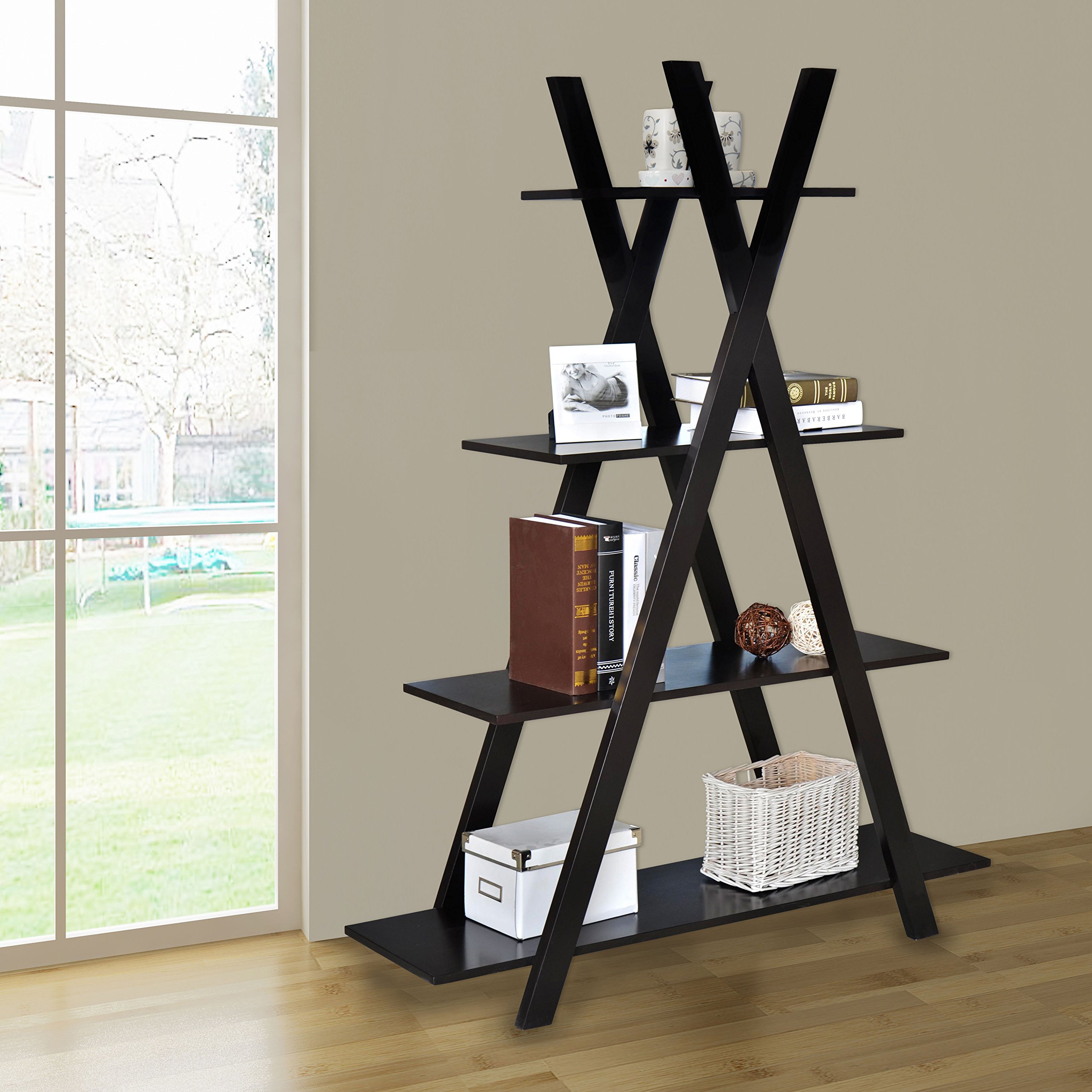 Jeco 4-Tier Kross Wooden Bookcase Shelf - Brown Storage Organizer for Living Room, Bedroom, Office & Study | Sturdy Multi-Purpose Bookshelf for Home Decor
