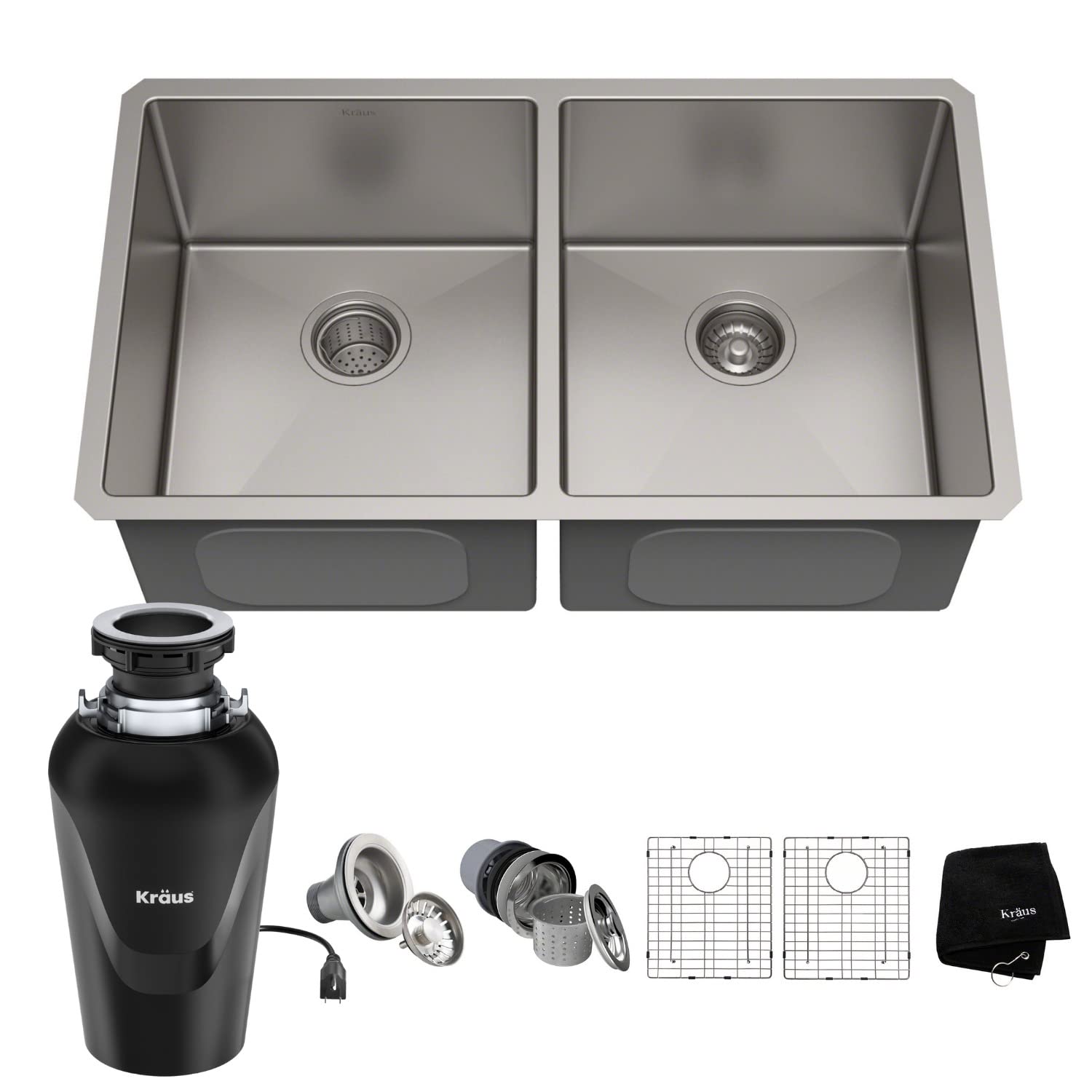 KRAUS Standard PRO™ 33-inch 16 Gauge Undermount Double Bowl Stainless Steel Kitchen Sink with WasteGuard™ Garbage Disposal - Perfect for Modern Kitchens, Dishwashing & Food Prep (Model KHU102-33-100-75MB)
