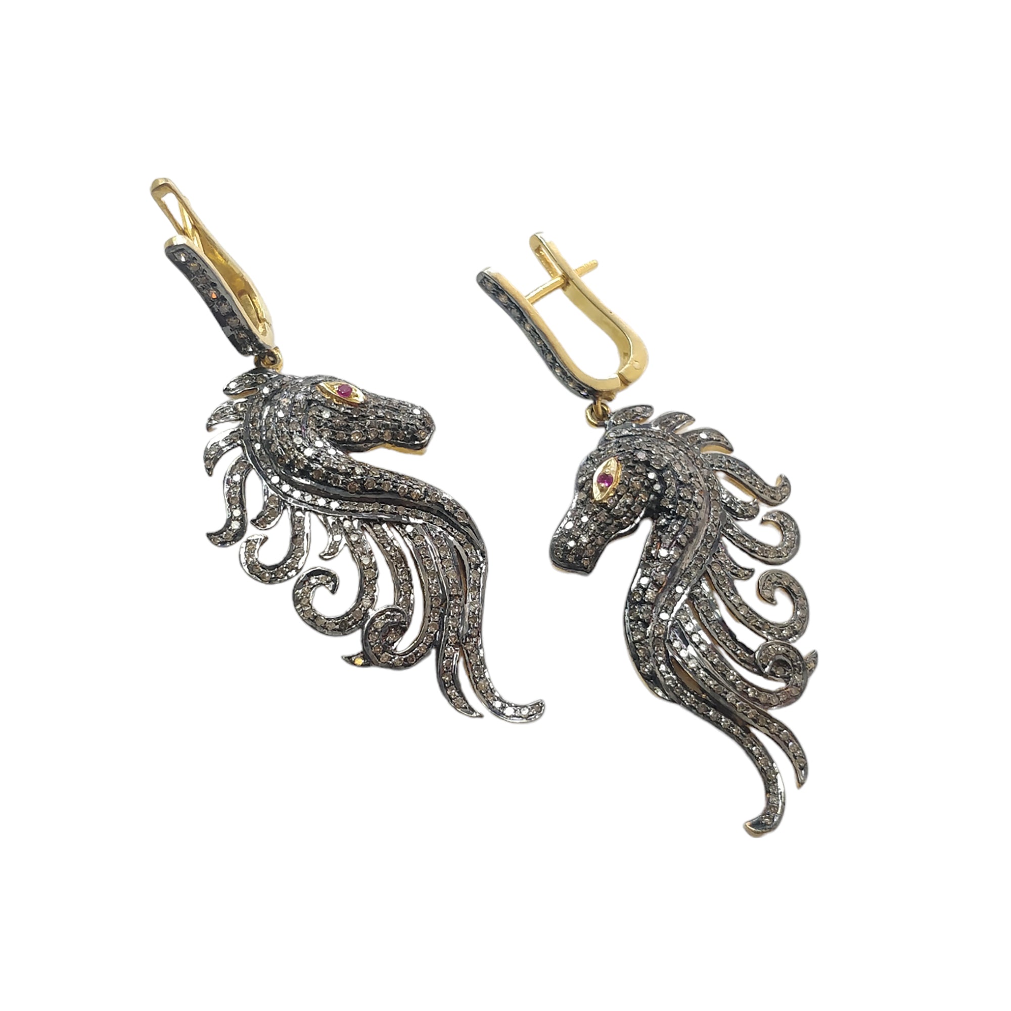 Natural Diamond & Ruby Gemstone Drop Dangle Earrings - 925 Sterling Silver & Gold Latch Back - Horse Face Pave Design (2.4