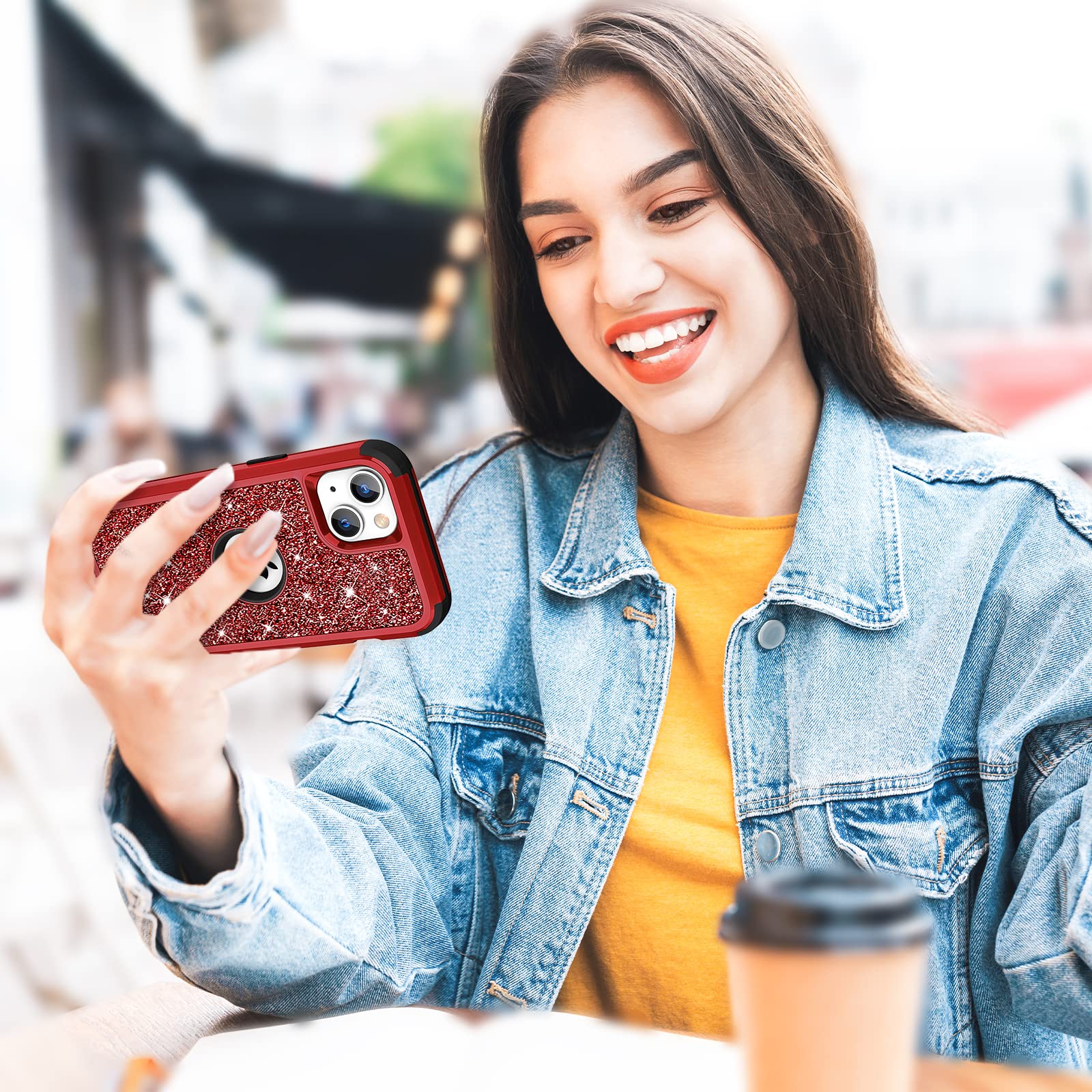 Hython Glitter iPhone 13 Case - Sparkly Shiny Bling Protective Cover with 3-in-1 Hybrid Design (Hard PC + Soft TPU) | Shockproof Full Body Protection for Women & Girls | Perfect for Everyday Use, Parties & Gifts (Red)