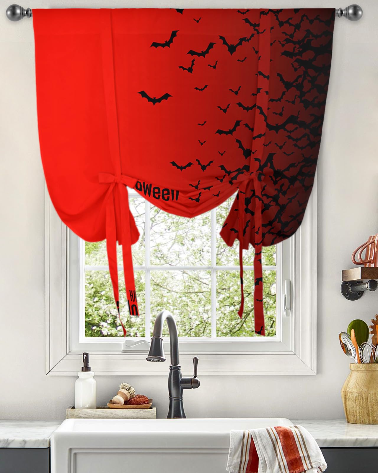 Happy Halloween Kitchen Window Curtains - Black Bats & Red Gradient Balloon Shade with Rod Pocket, 42