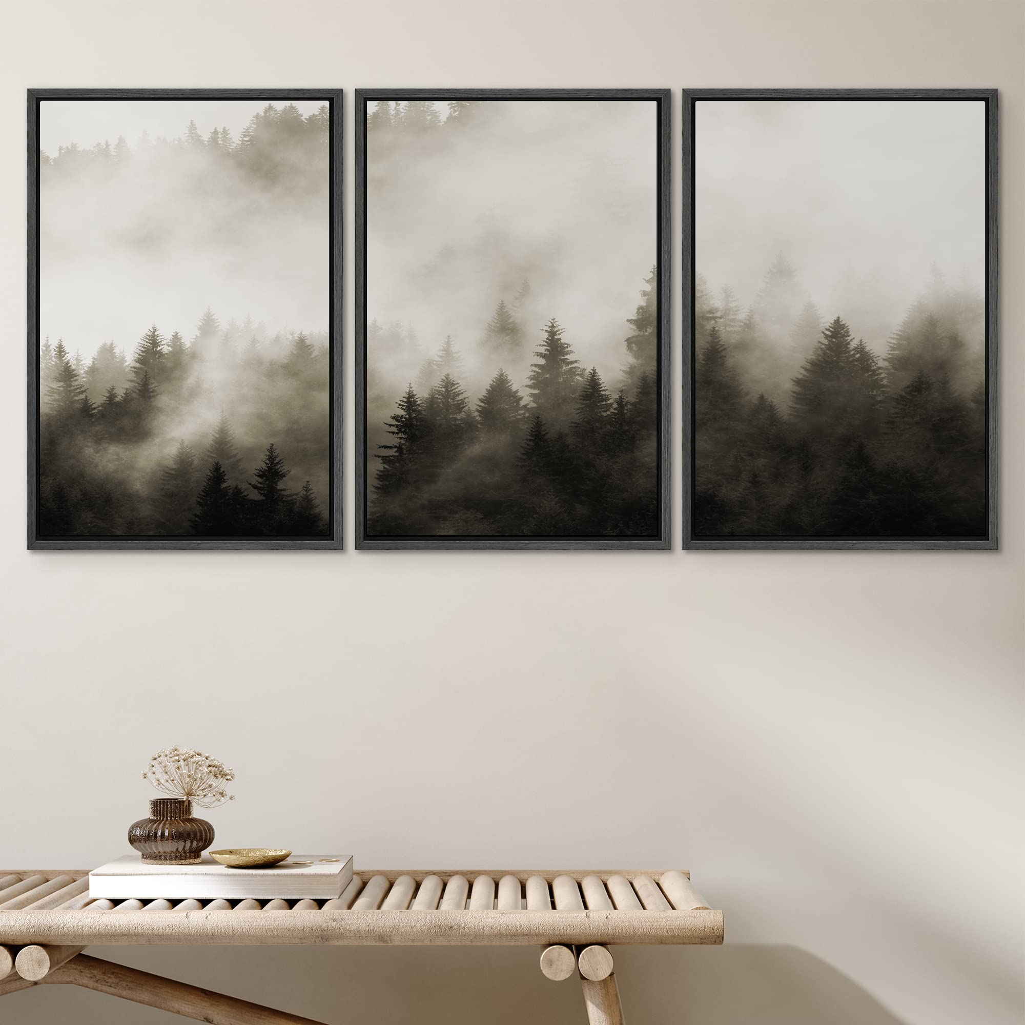 Framed Canvas Wall Art - Woodland Nursery Decor Set, Fog & Mist Over Dark Mountain Forest Nature Landscape Painting, Modern Rustic Home Decor for Living Room, Bedroom, Office - 16x24 Inches, Black Frame | Perfect for Cozy Home, Farmhouse & Cabin Interior Design