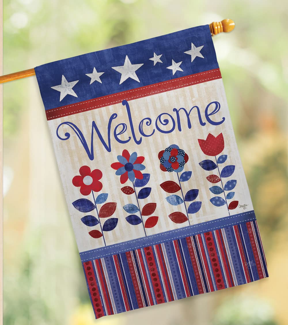 Patriotic Welcome House Flag Set 28x40in w/Flagpole for Outdoor Decor
