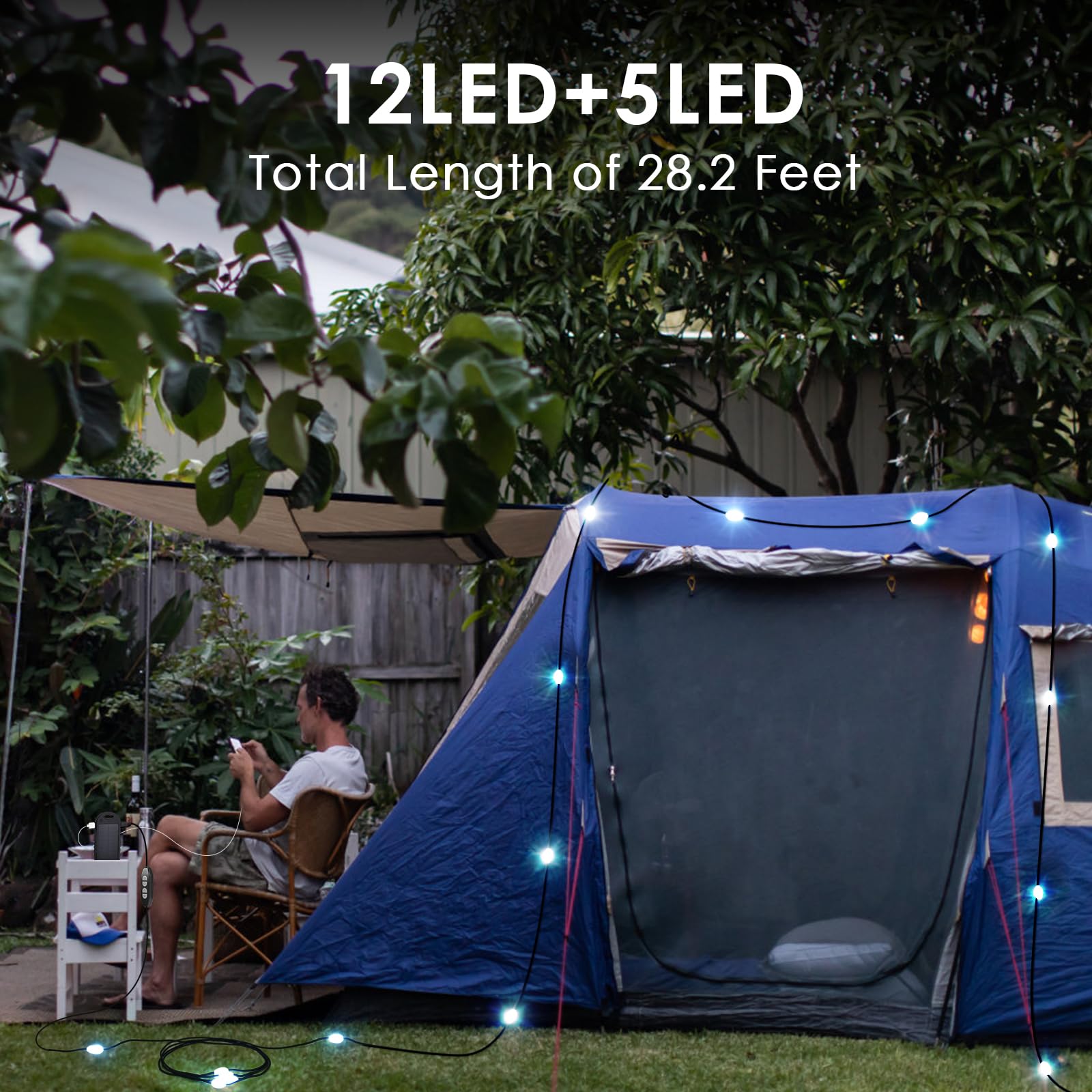 Anpro 7.7ft Solar Powered Camping String Lights with 5 LEDs - Waterproof Outdoor Extension Cord for Patio, Garden, Backyard (Black) | Perfect for Camping, BBQ, Parties & Decoration (ACANCL0705)