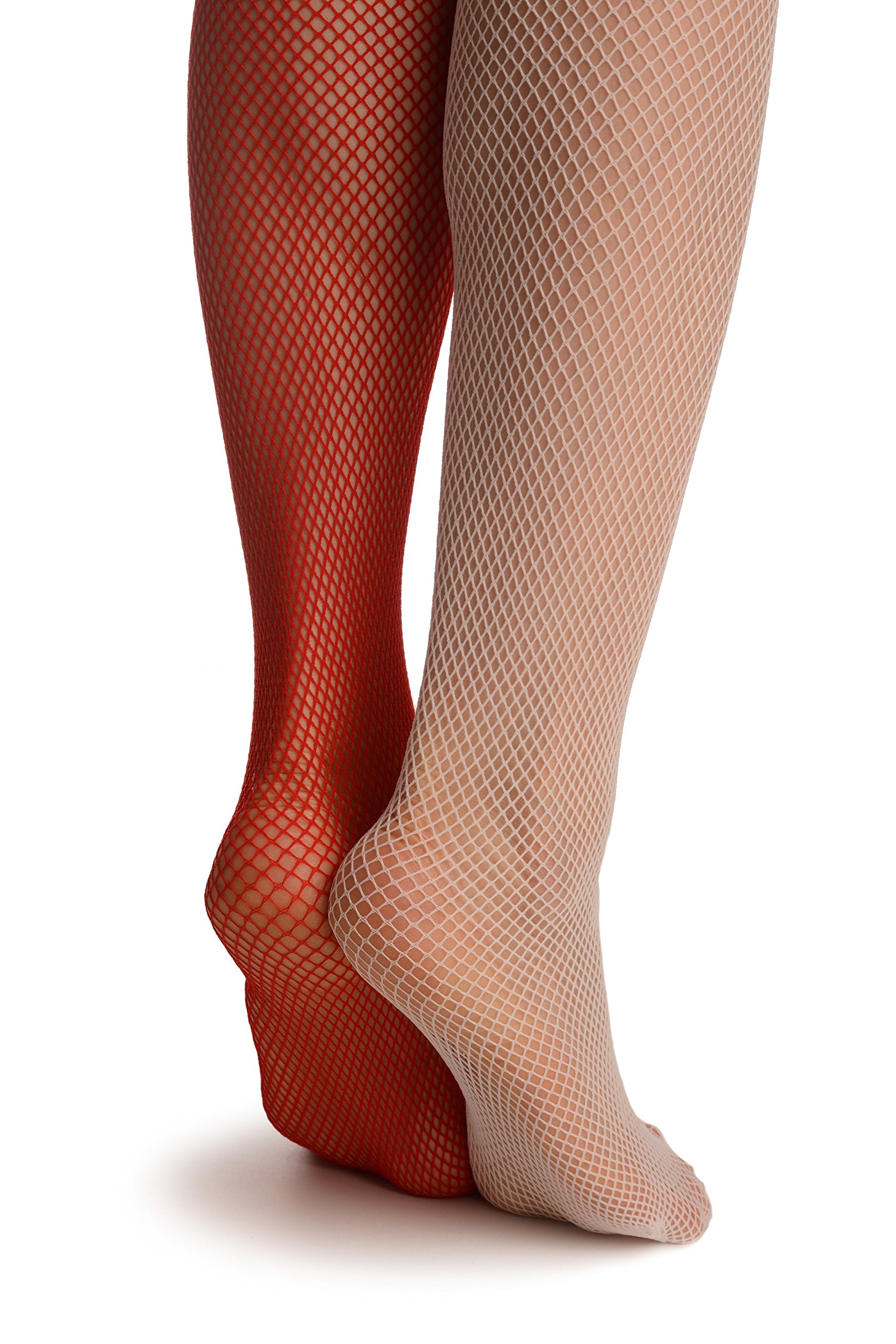 Sexy Red and White Fishnet Pantyhose - One Leg White & One Leg Red Tights for Cosplay, Halloween, Dance Performances & Fashion Outfits