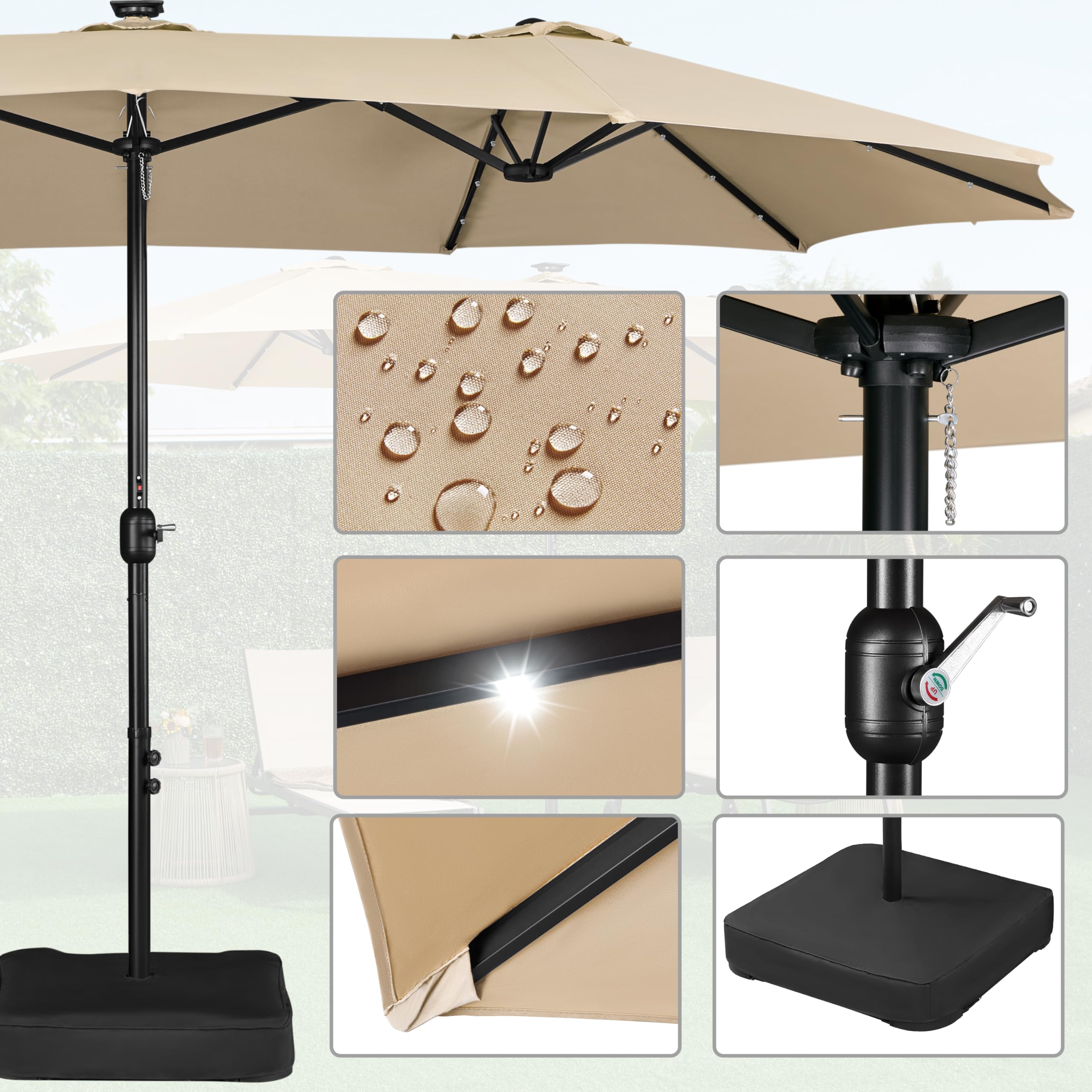 Yaheetech 15 ft Large Outdoor Patio Umbrella with Solar LED Lights - Double-Sided Rectangle Market Umbrella, 36 LED Lights, Crank Handle & Base Included - Perfect for Garden, Poolside, Backyard, and Outdoor Dining Areas (Tan)